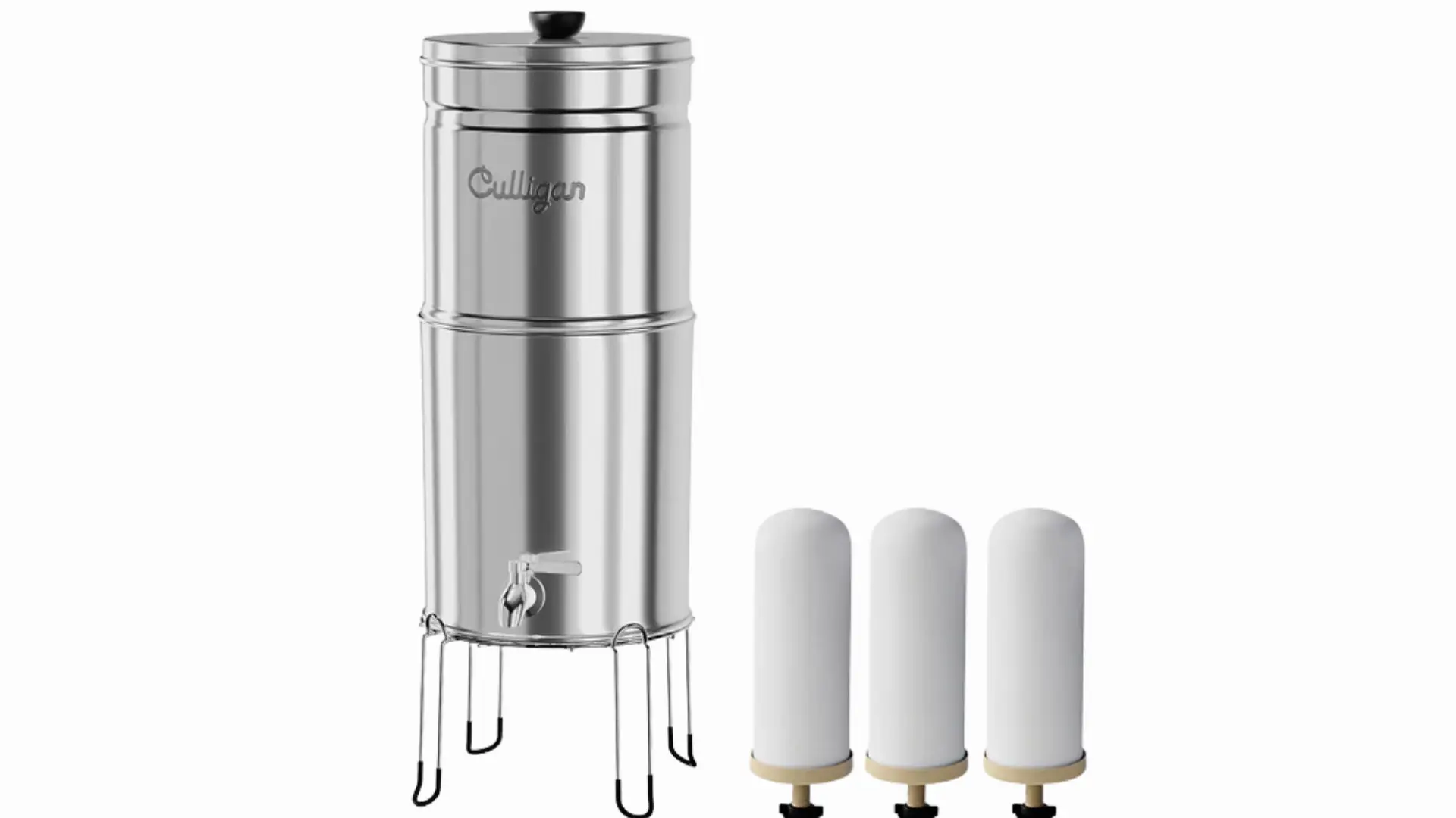 Culligan stainless-steel gravity water filter system with dispensing spigot, metal stand, and three replacement filter cartridges