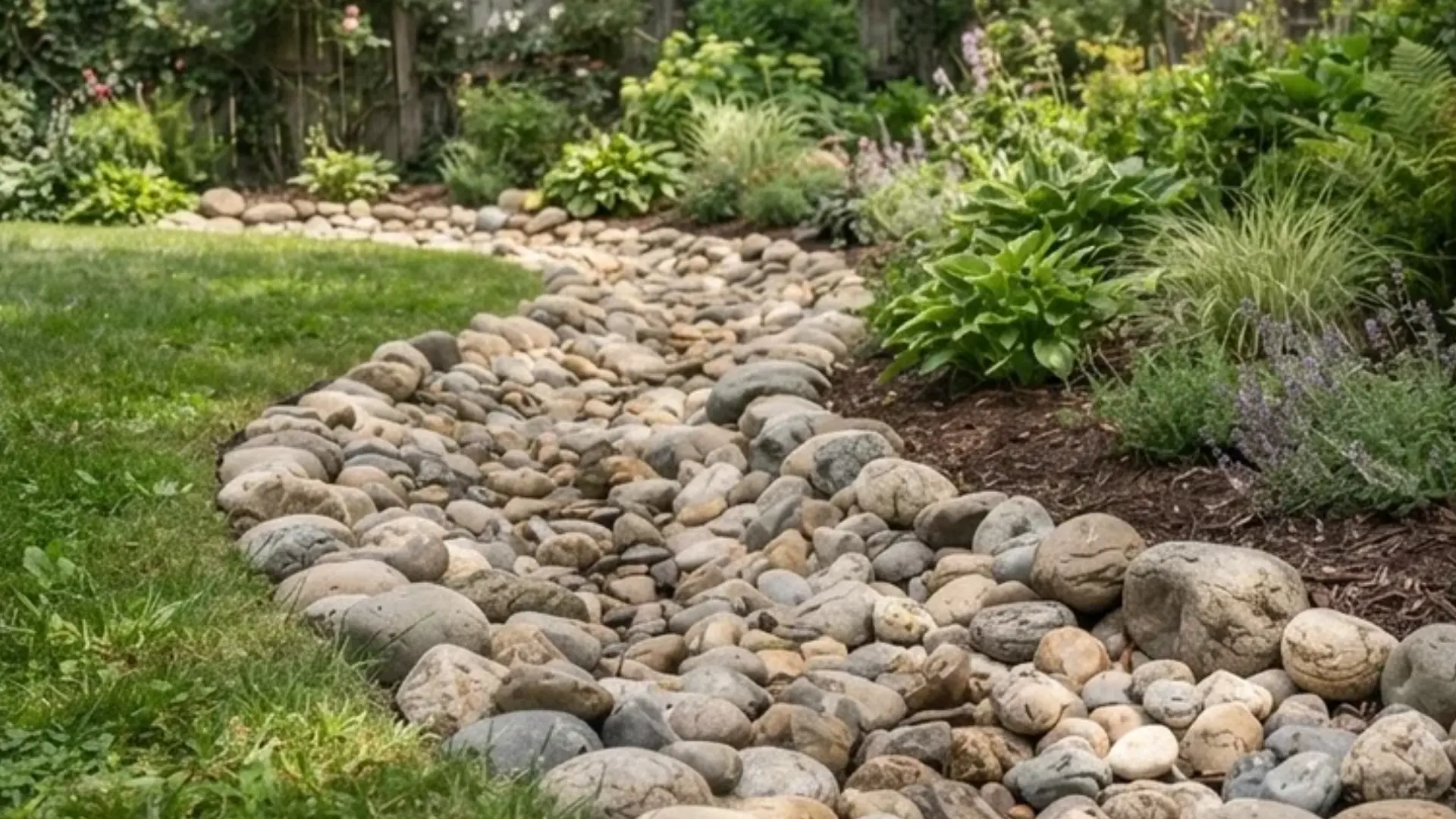 Curved dry riverbed of smooth river rocks running through a small backyard garden bed