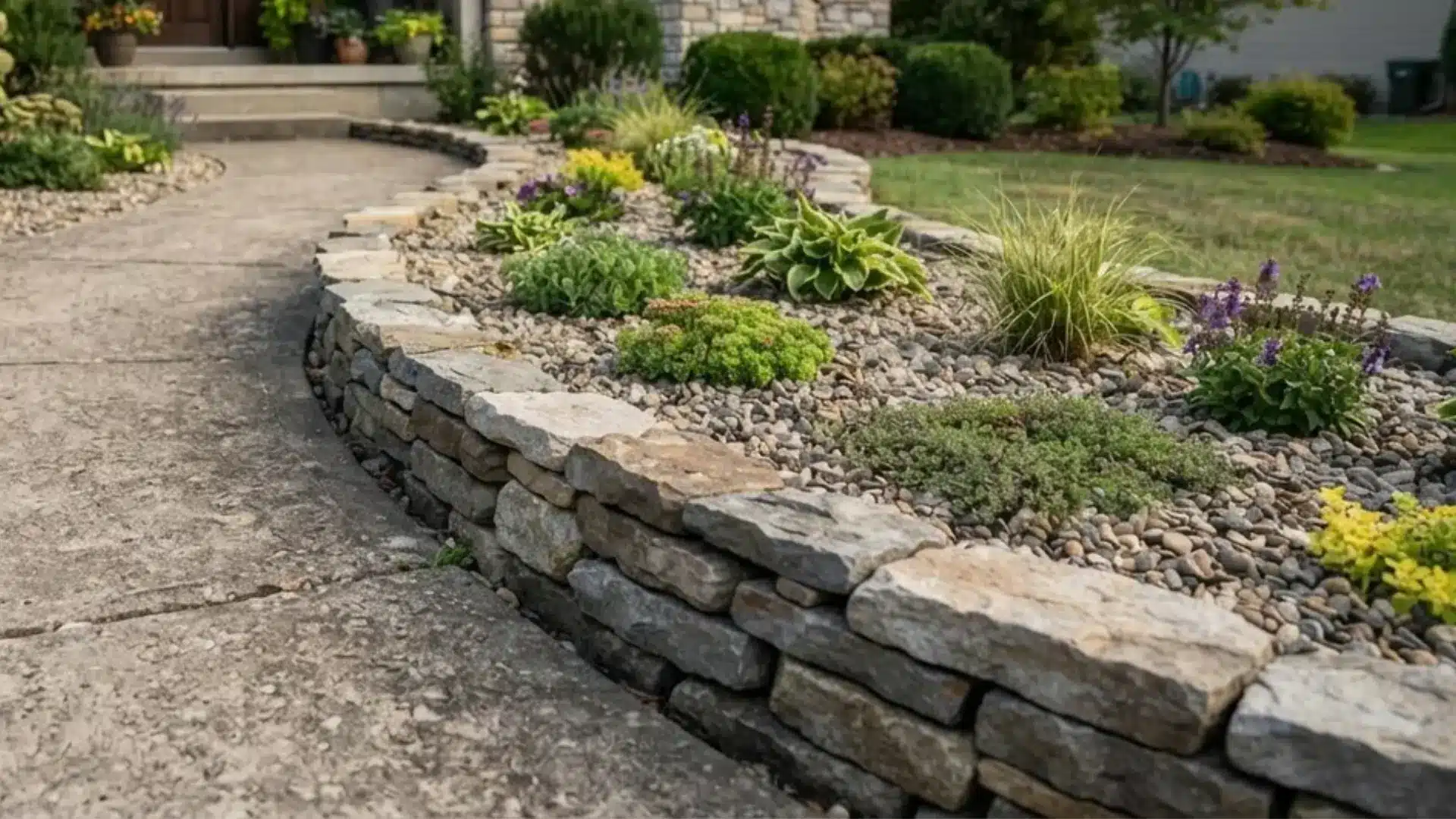 Curved rock border of stacked stones lining a concrete walkway through a small front yard