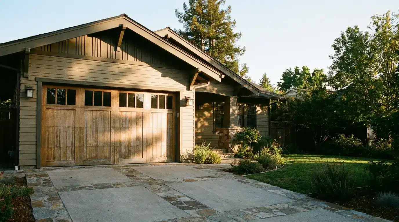 Craftsman-style house with wooden garage doors and landscaped garden in late afternoon light