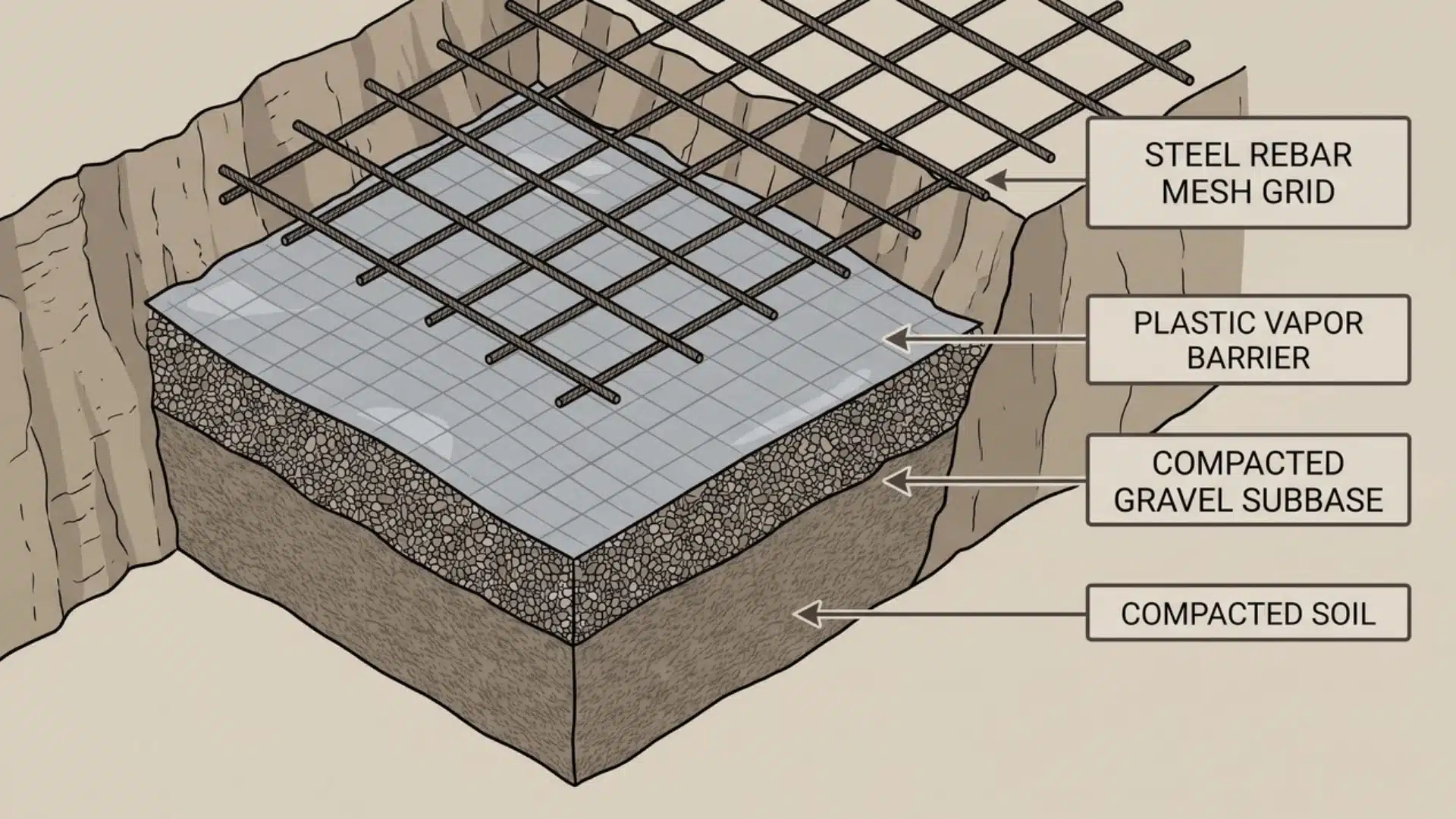 cutaway diagram showing gravel subbase, vapor barrier, and rebar mesh layered above soil