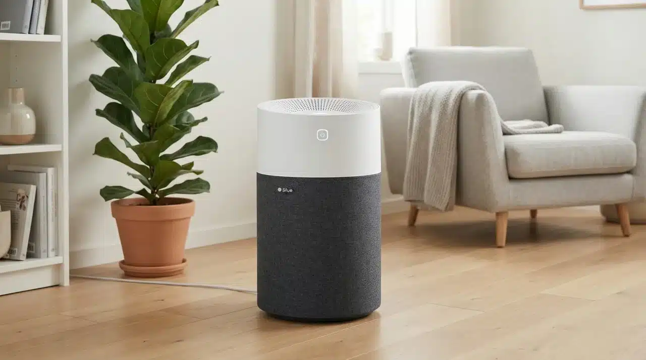 Cylindrical air purifier with fabric mesh cover standing in a large room on a hardwood floor