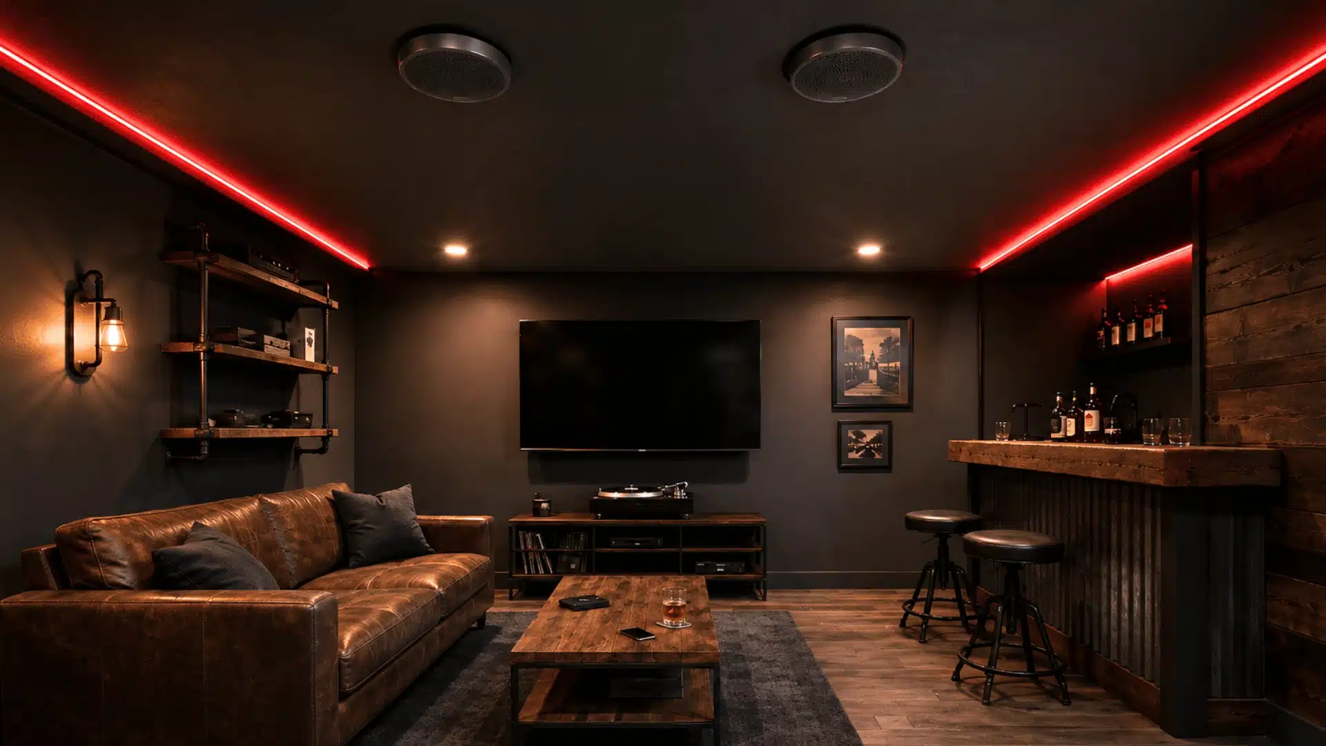 Dark man cave with ceiling speakers, leather sofa, wall-mounted TV, turntable, bar, and red perimeter lighting.