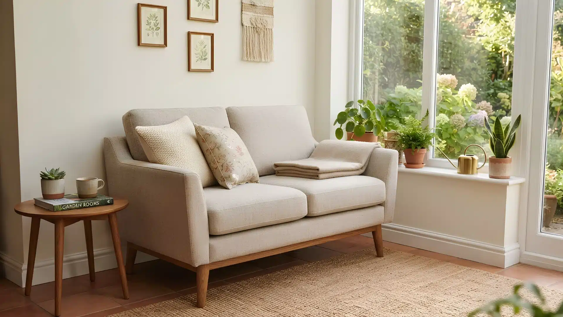 compact loveseat with exposed wooden legs against a sunroom wall