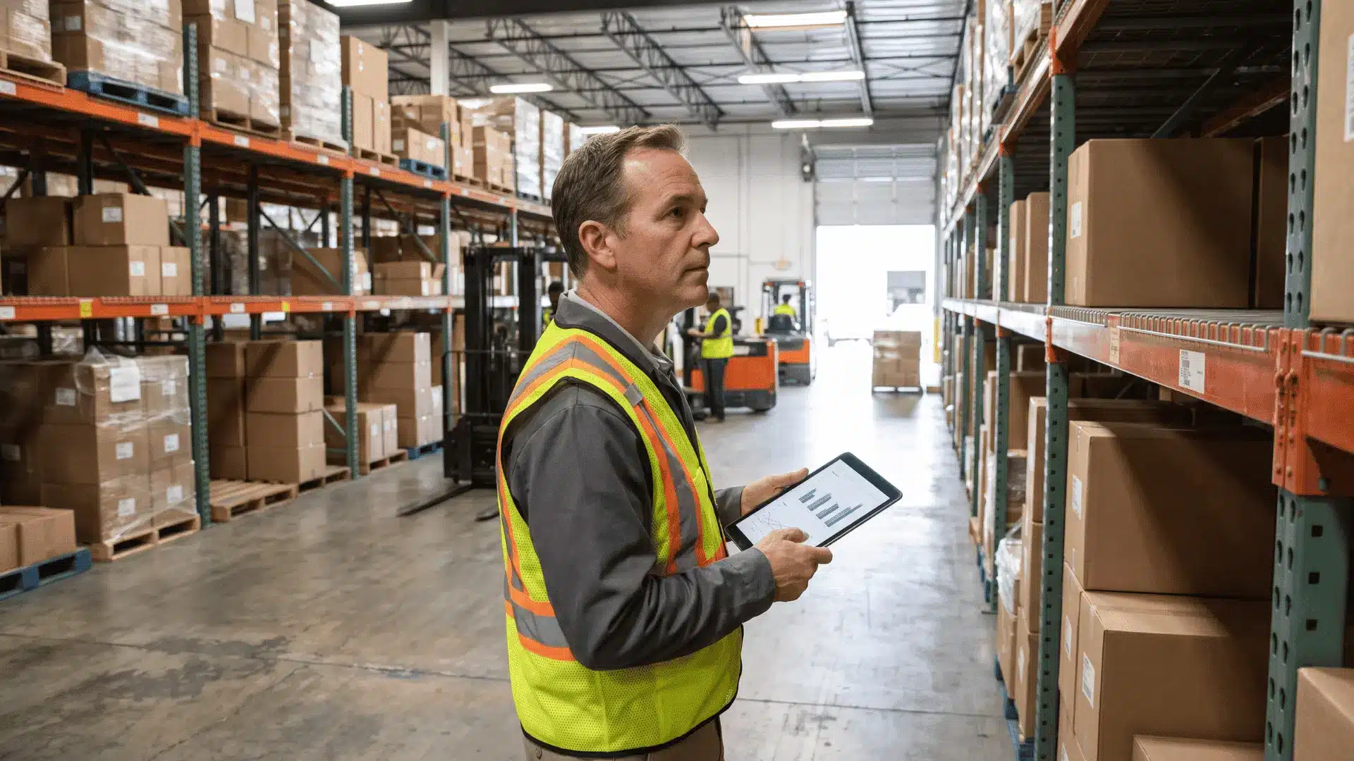 Warehouse manager reviewing inventory demand while standing beside shelves stocked with boxed products.