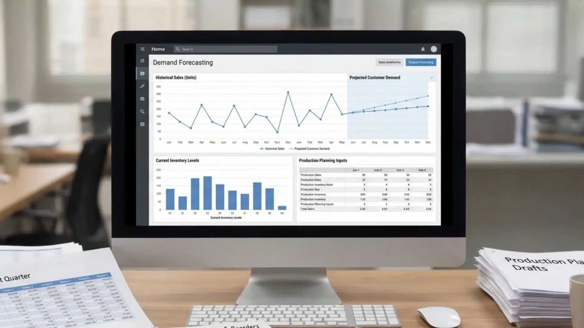 Demand forecasting dashboard with sales history, projected demand, inventory, and production planning data