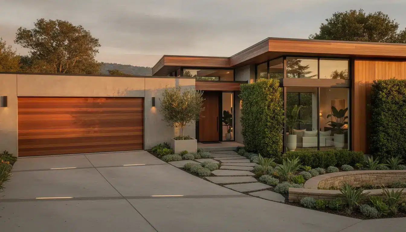 Modern house with wooden exterior and large windows surrounded by greenery in evening light