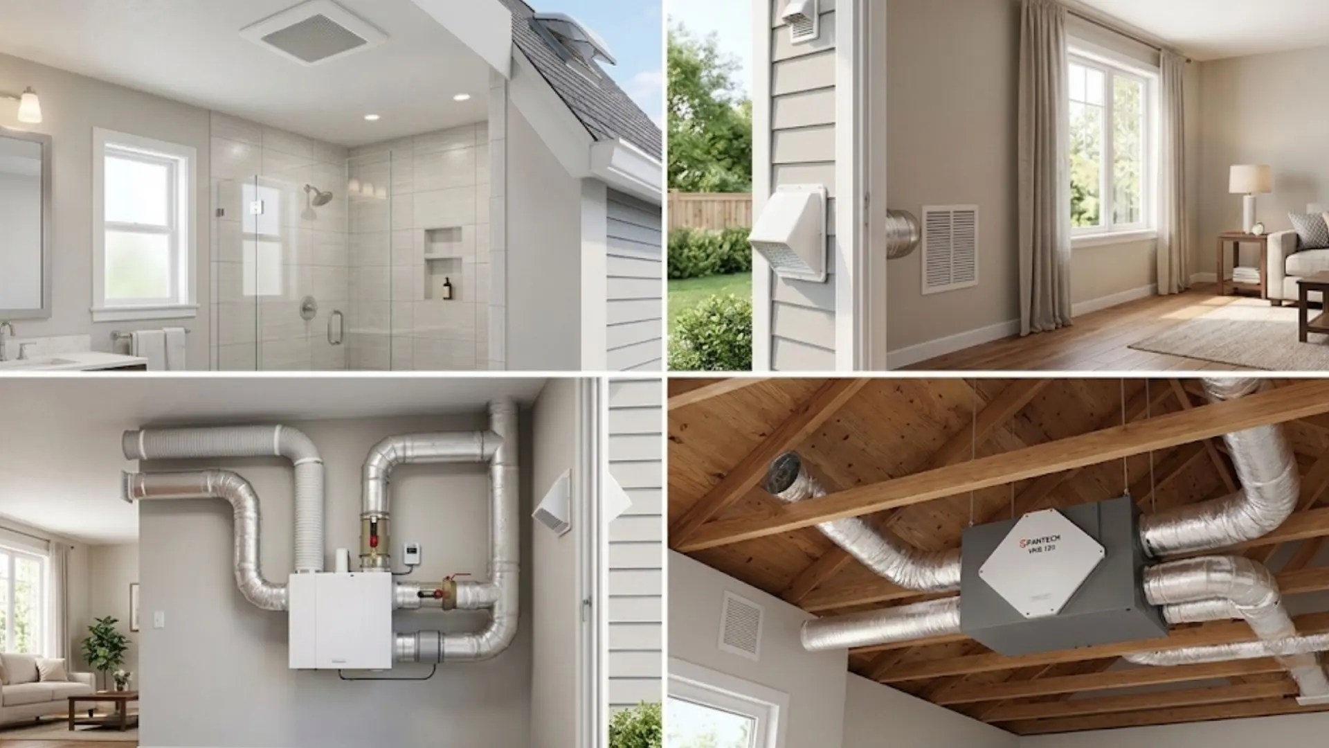 diagram showing home HVAC, ventilation, and ductwork systems installed across a bathroom, living area, utility room, and attic