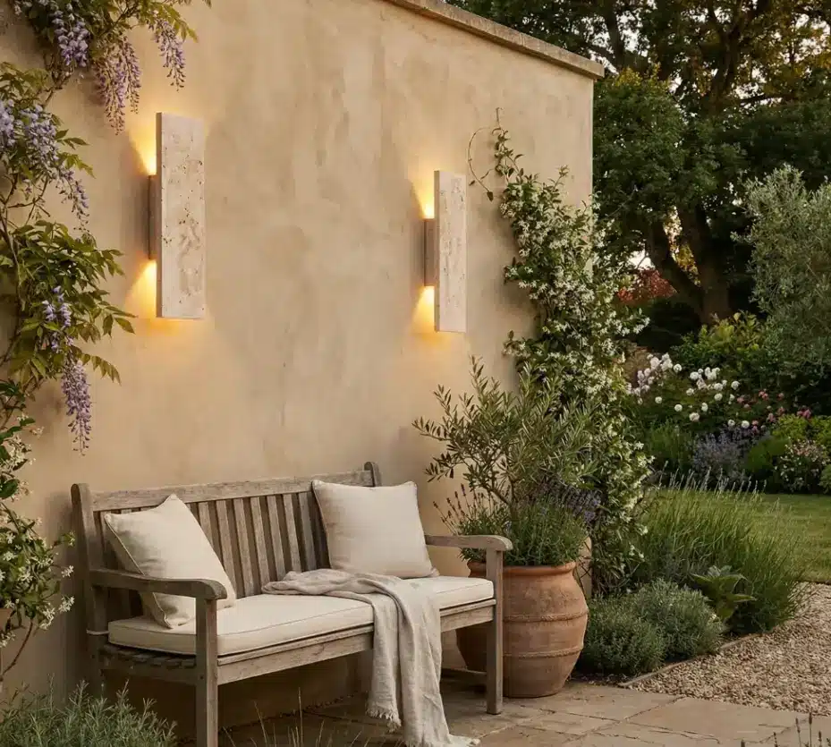 Wooden bench with cushions by illuminated wall in lush garden setting at dusk