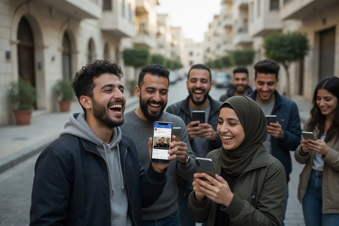 Group of friends laughing and using smartphones on a city street