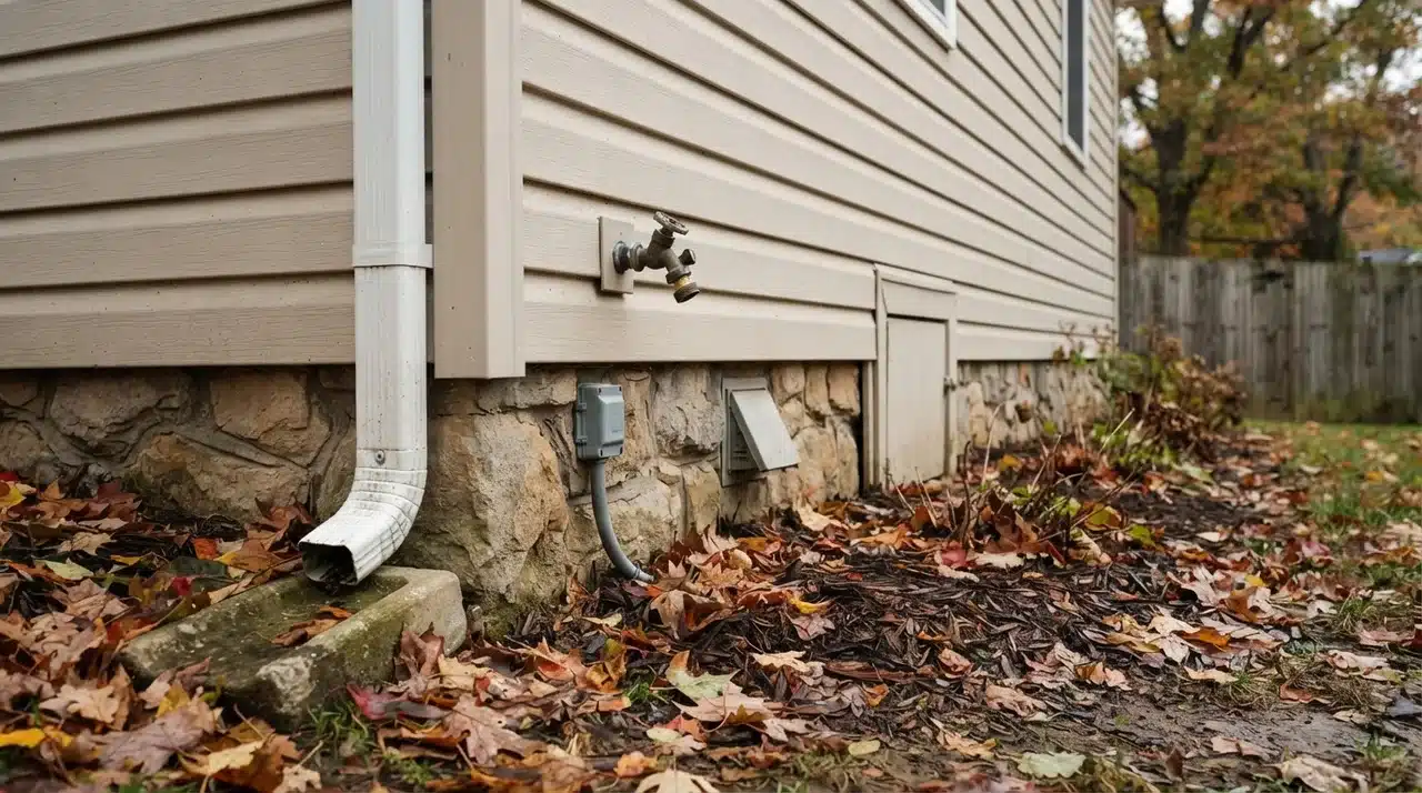 Disconnected garden hose beside an exterior faucet, downspout, foundation, and fallen leaves