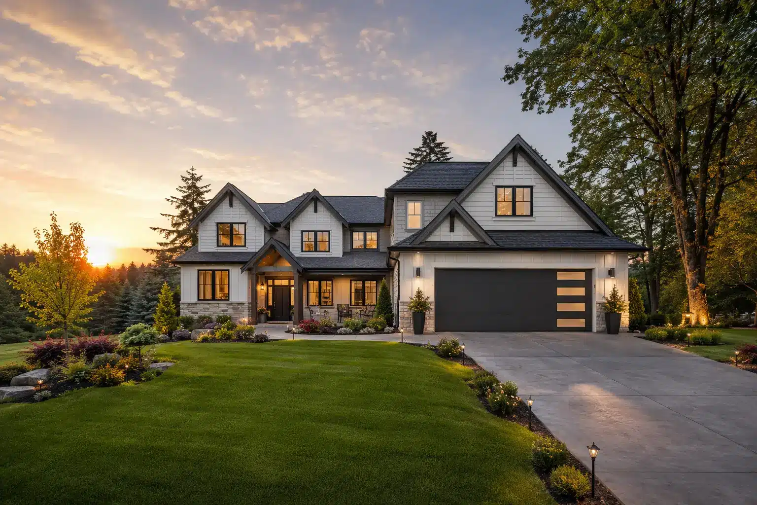 Elegant two-story house with gray roof and spacious lawn at sunset in a wooded area