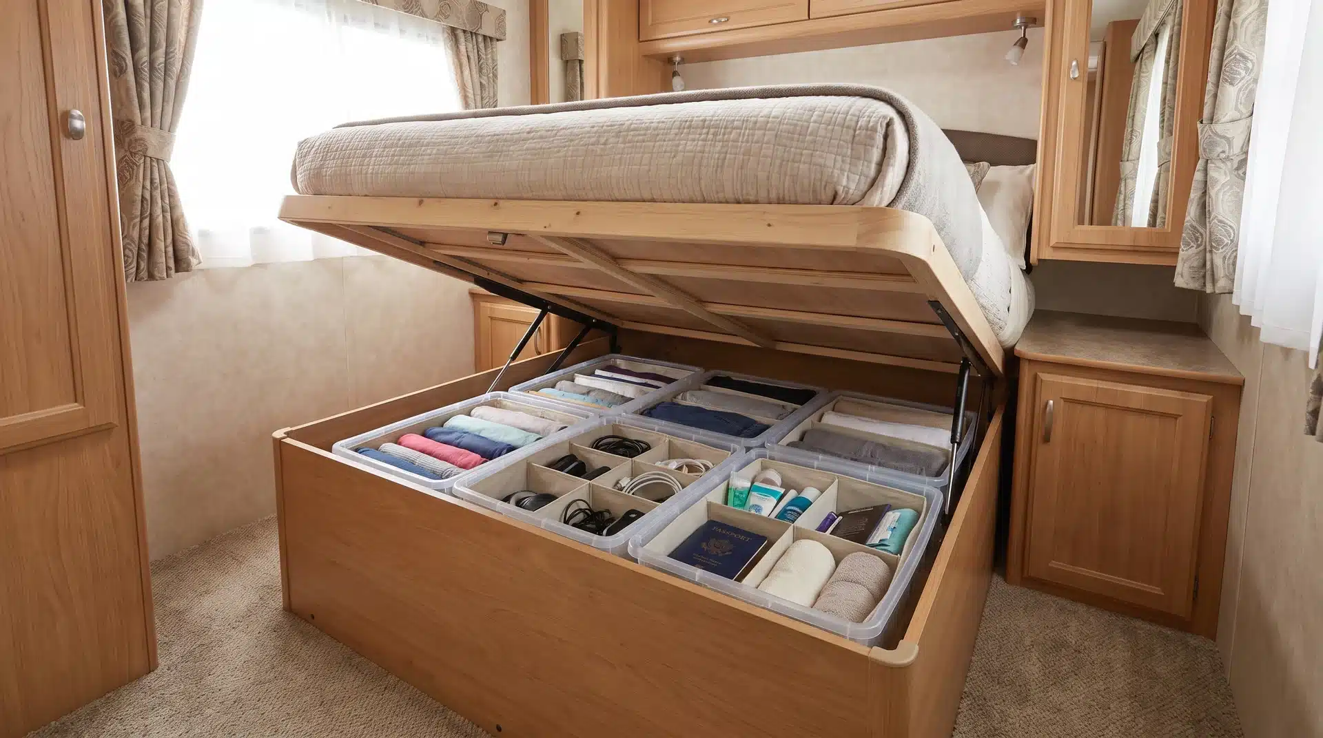Divided storage totes organized beneath an RV bed platform