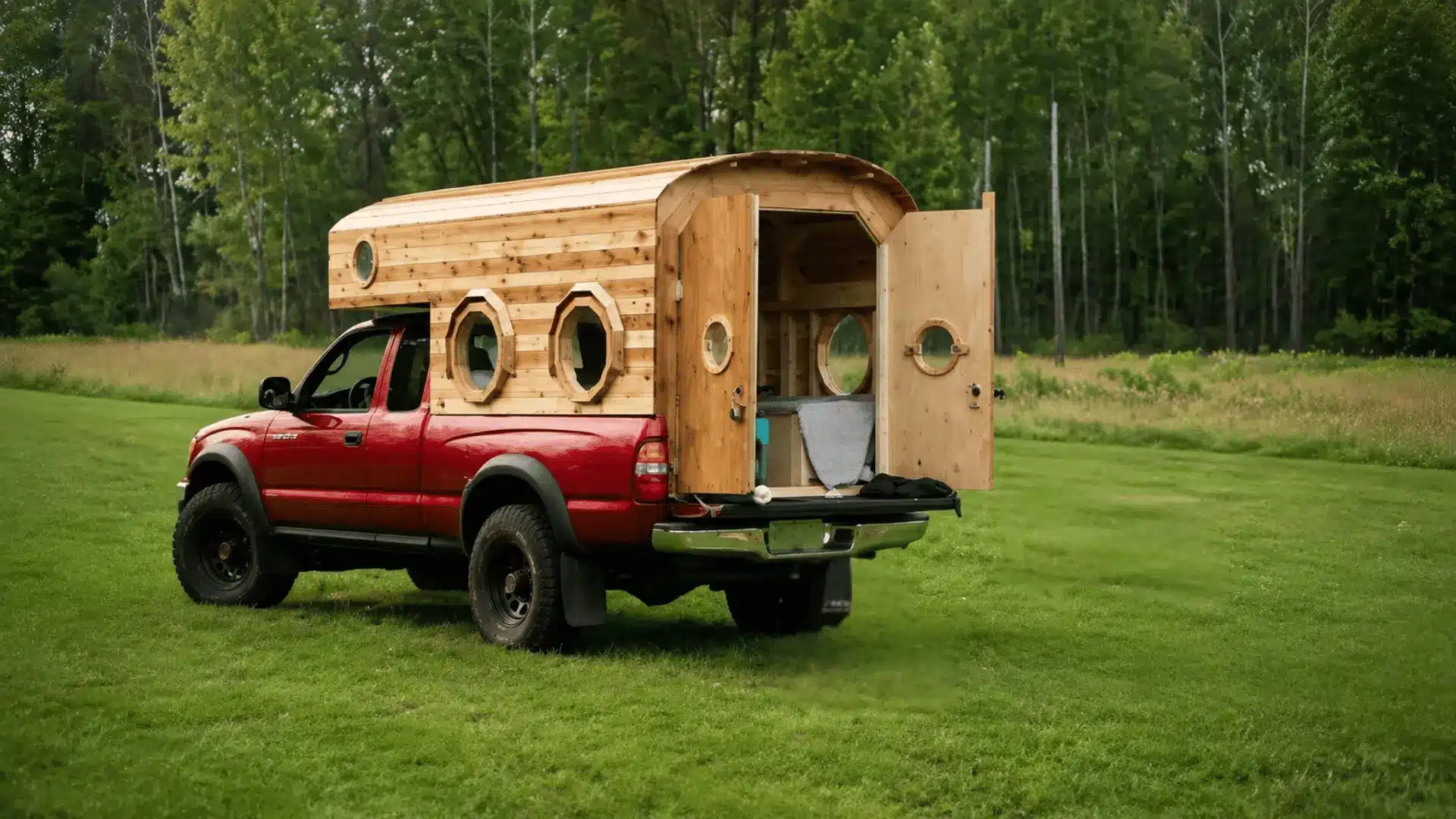 Wooden truck camper parked in a meadow with open doors and finished exterior