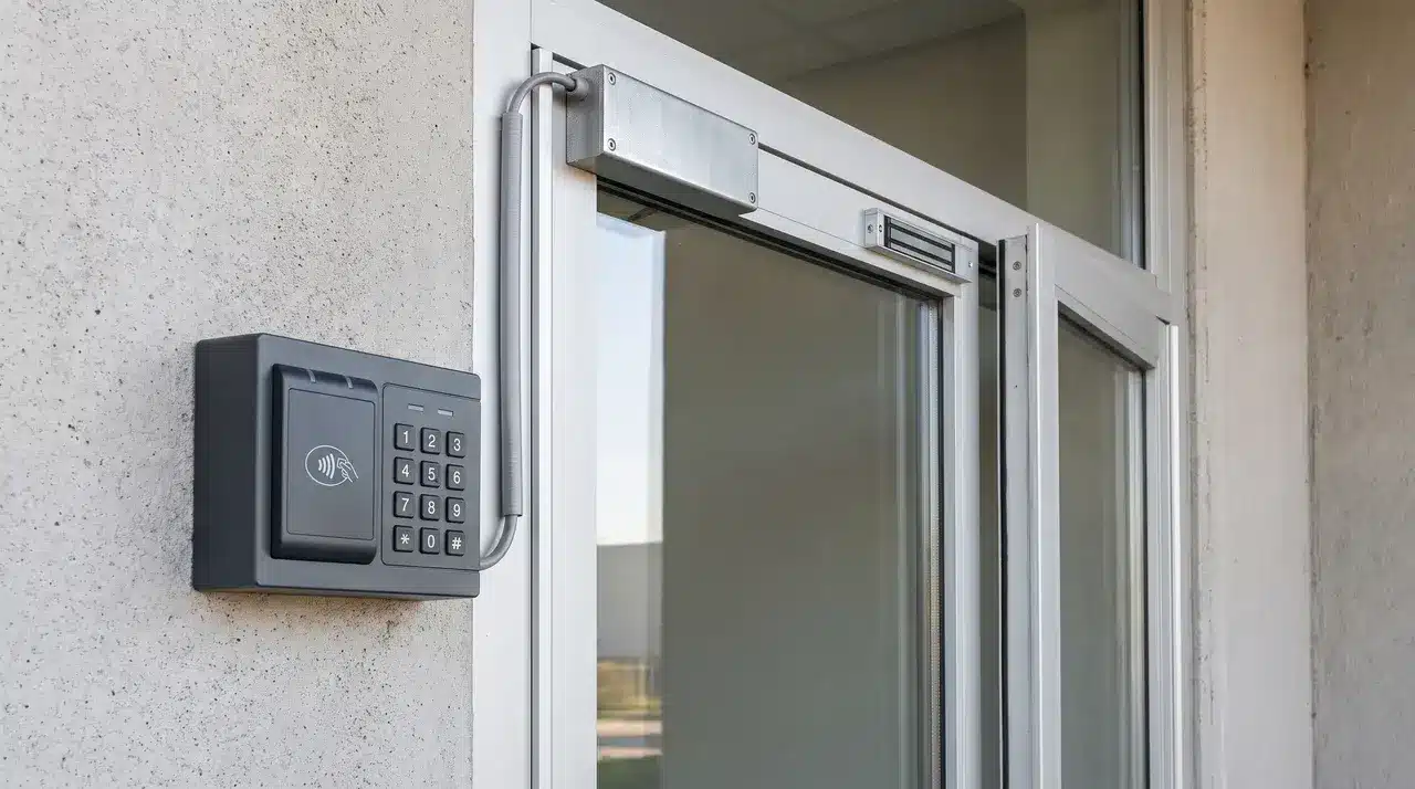 Card reader and electromagnetic lock mounted on a commercial door frame