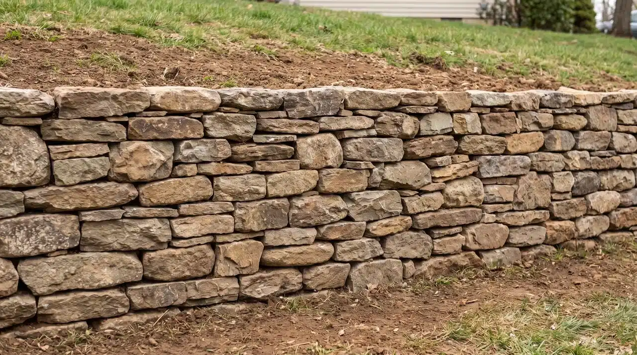Dry-stack stone retaining wall built from fitted stones without mortar