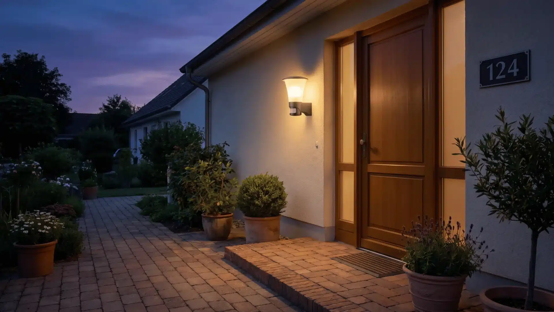 Dusk-to-dawn sensor light illuminating an outdoor entry point after sunset