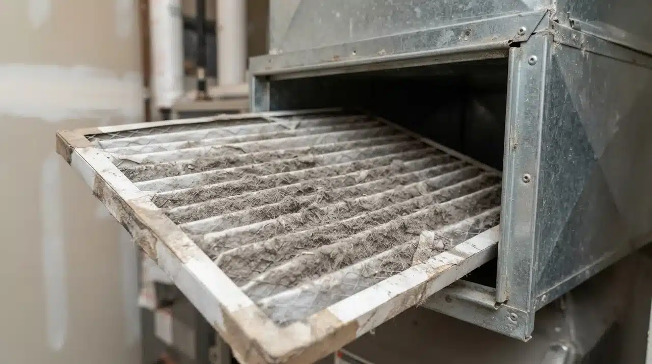 Dusty HVAC filter partially removed from its filter slot for inspection