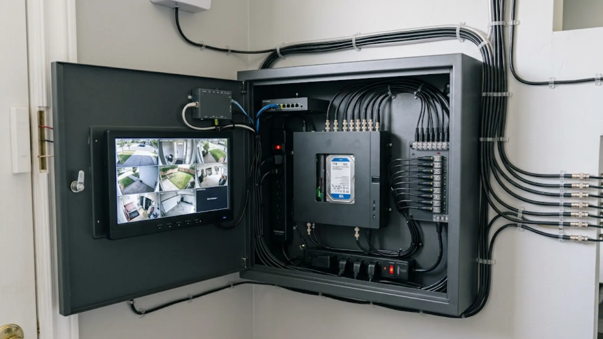 Coaxial cables carry camera video to a DVR, while separate power connections keep cameras and recording equipment operating