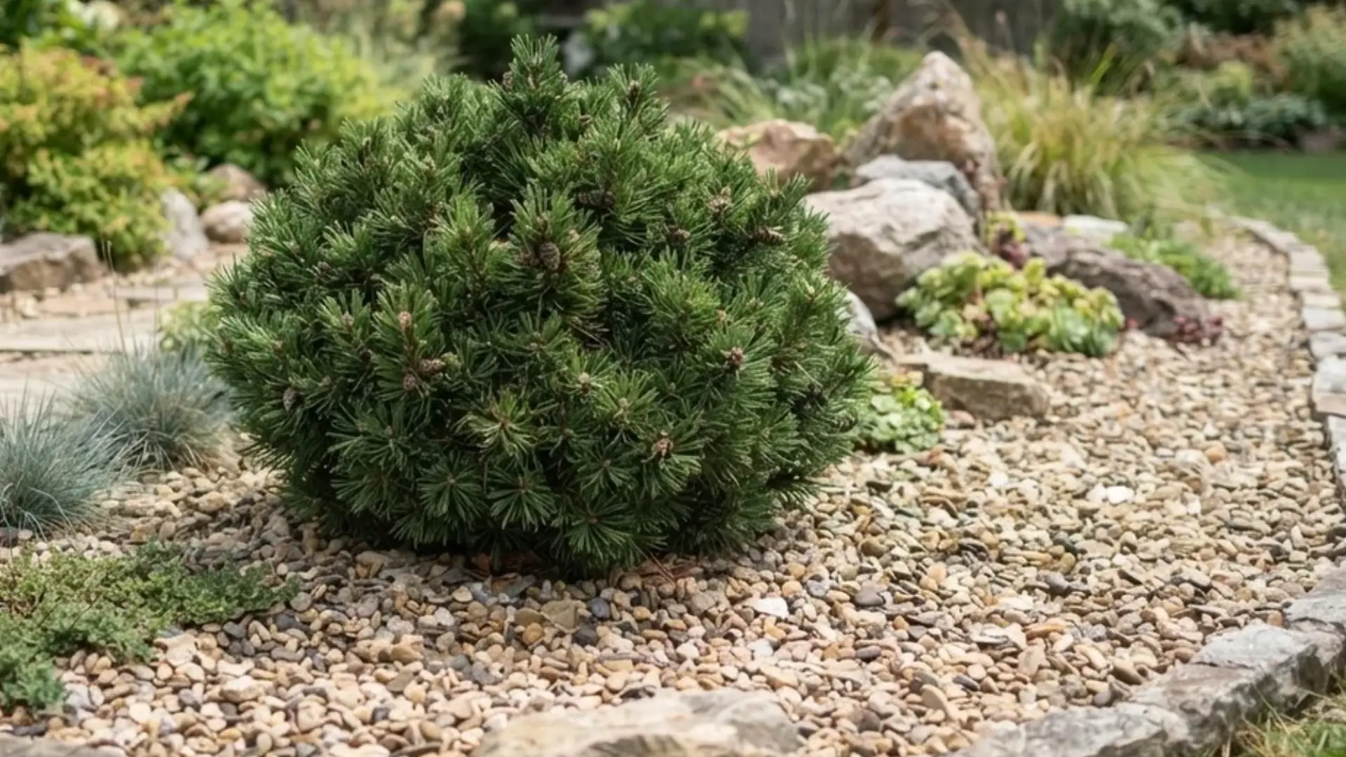 Dwarf mugo pine shrub planted as a focal accent point in a small gravel rock garden bed