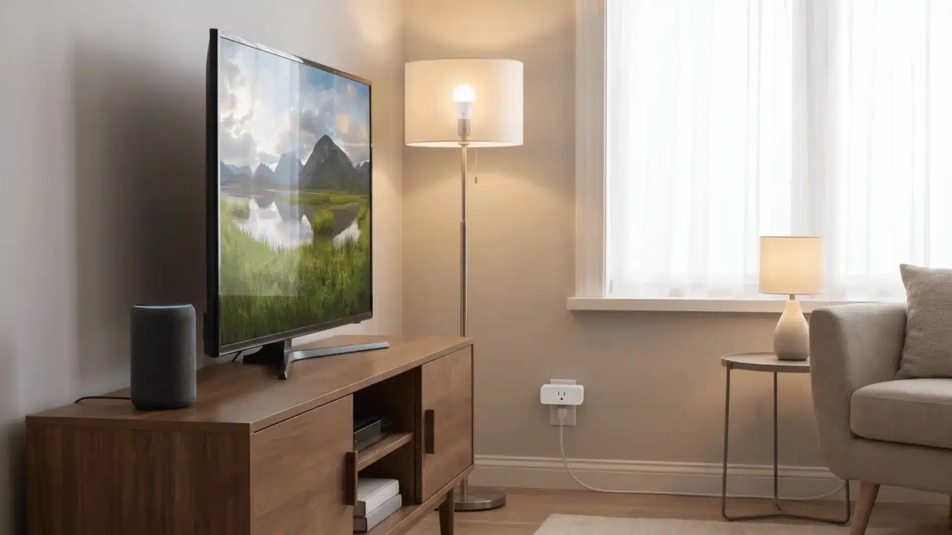 Echo speaker connected with a smart TV, smart light, and smart plug in the same room
