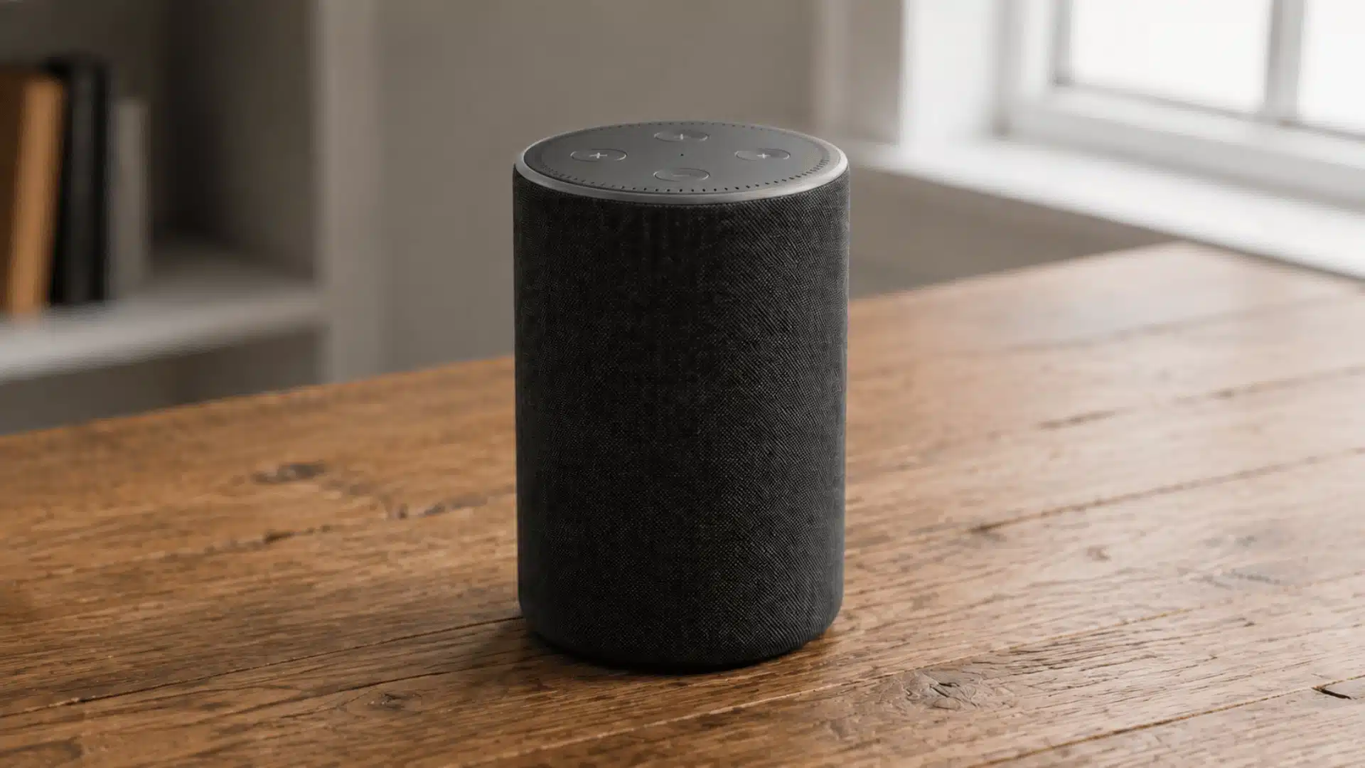 Echo speaker sitting inactive on a wooden table