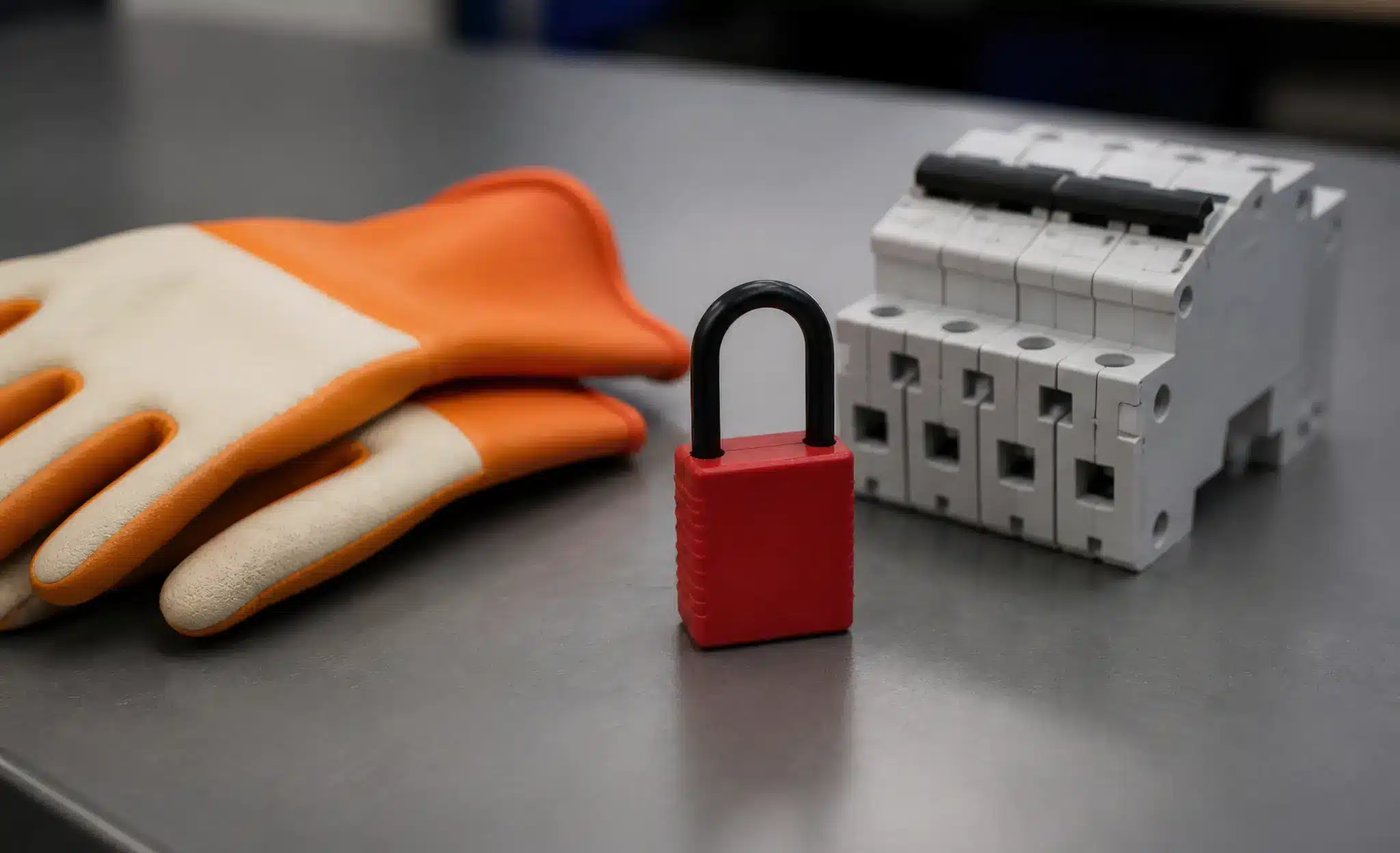 Red padlock, orange safety gloves, and electrical switch on gray industrial table