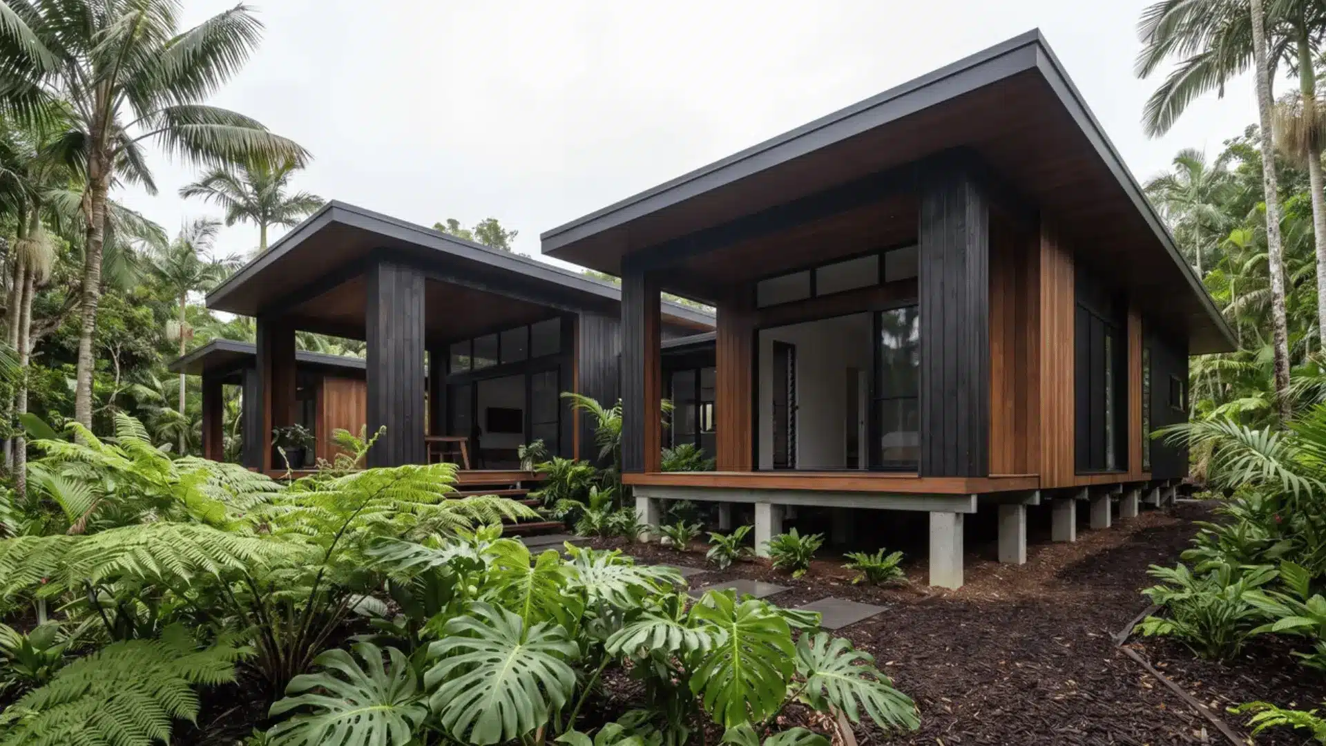 Elevated black tropical house with deep overhangs, broad openings, natural materials, and lush planting