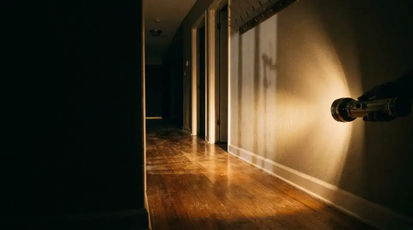 Dimly lit hallway with wooden floor and flashlight casting shadows on the wall