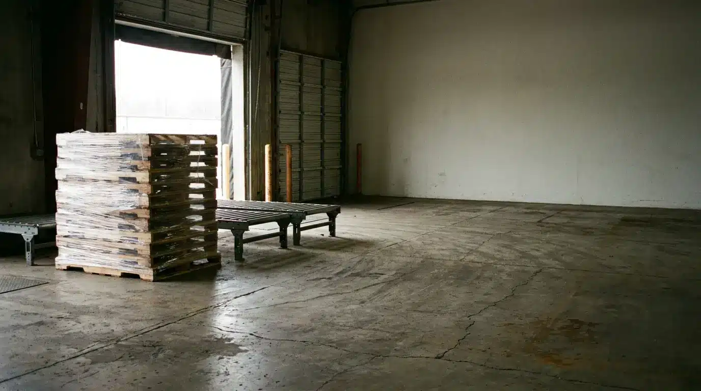 Stack of wooden pallets and metal platform in empty industrial warehouse space