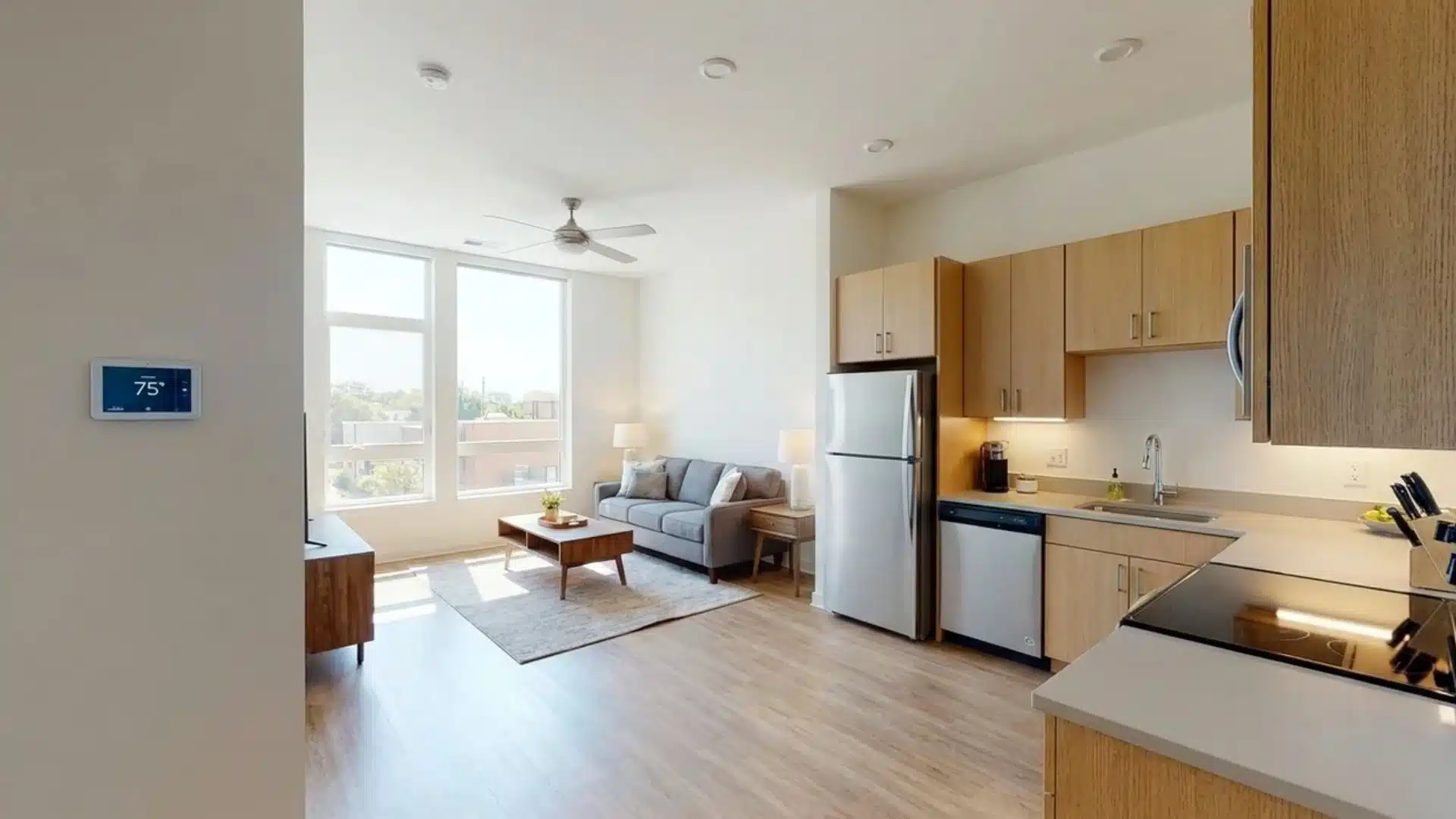 Daylit home interior with a thermostat, ceiling fan, LED lights and appliances