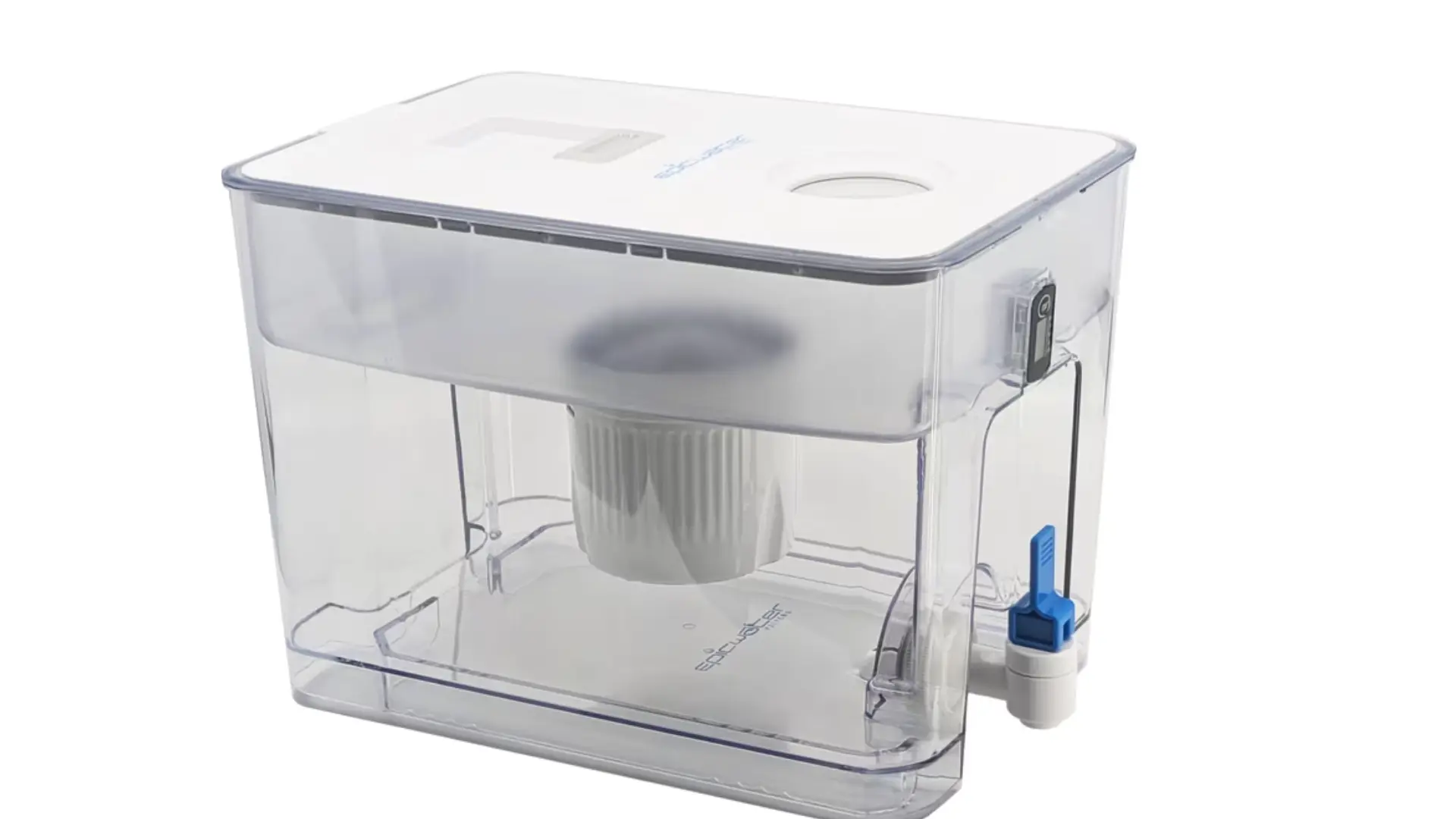 Epic Pure water filter dispenser with clear reservoir, internal filter cartridge, white lid, and blue dispensing spigot