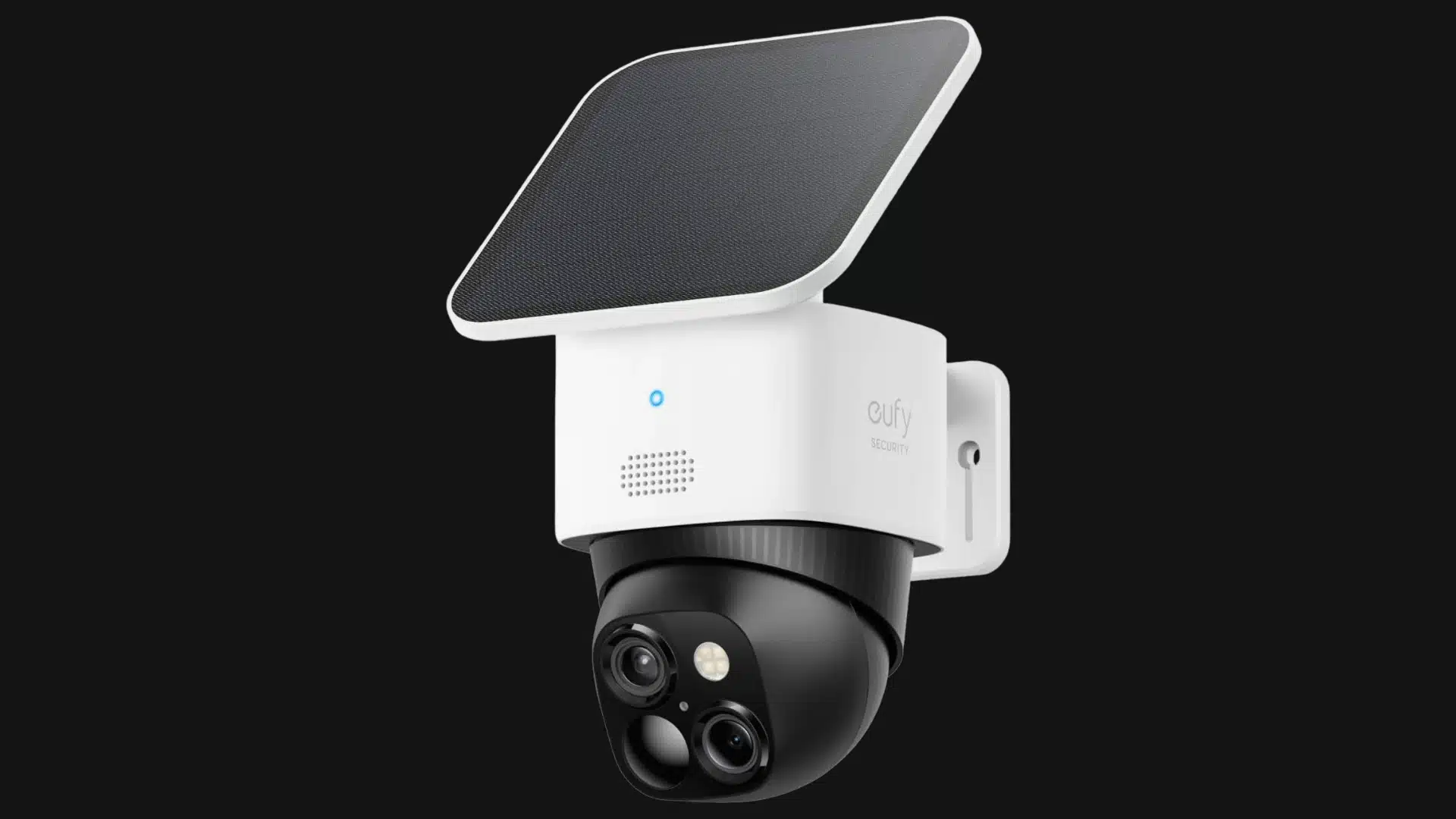 White Eufy solar-powered security camera with dual lenses and an attached solar panel.