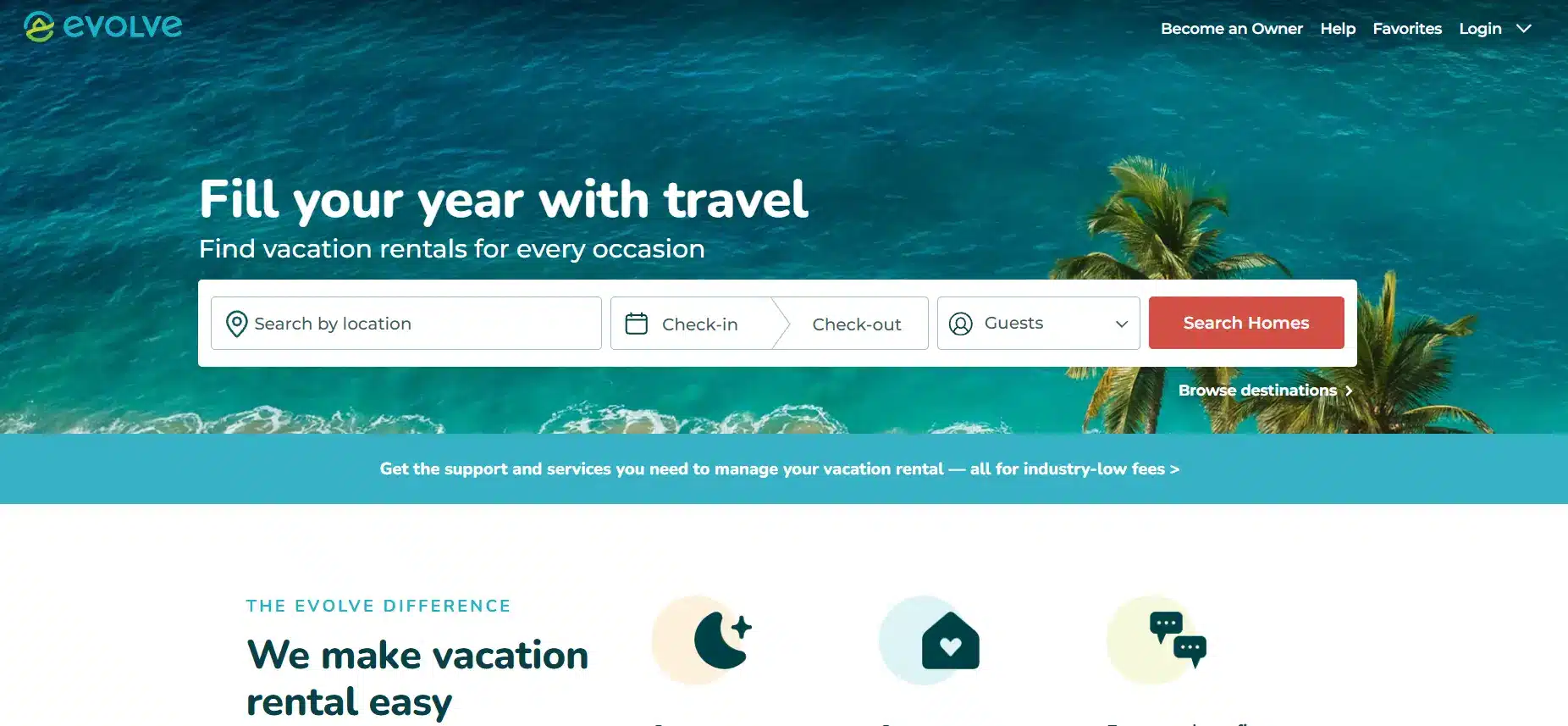 Search interface over aerial view of ocean and palm trees