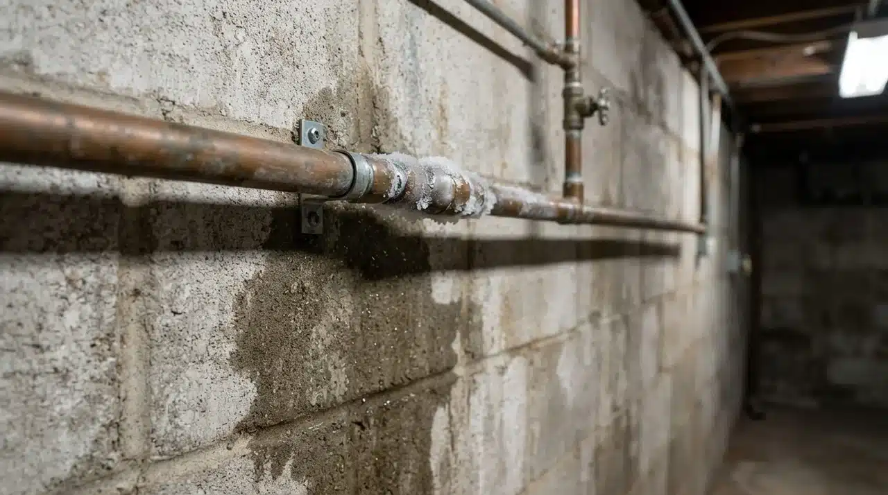Exposed utility pipe with frost beside a small damp stain on the wall