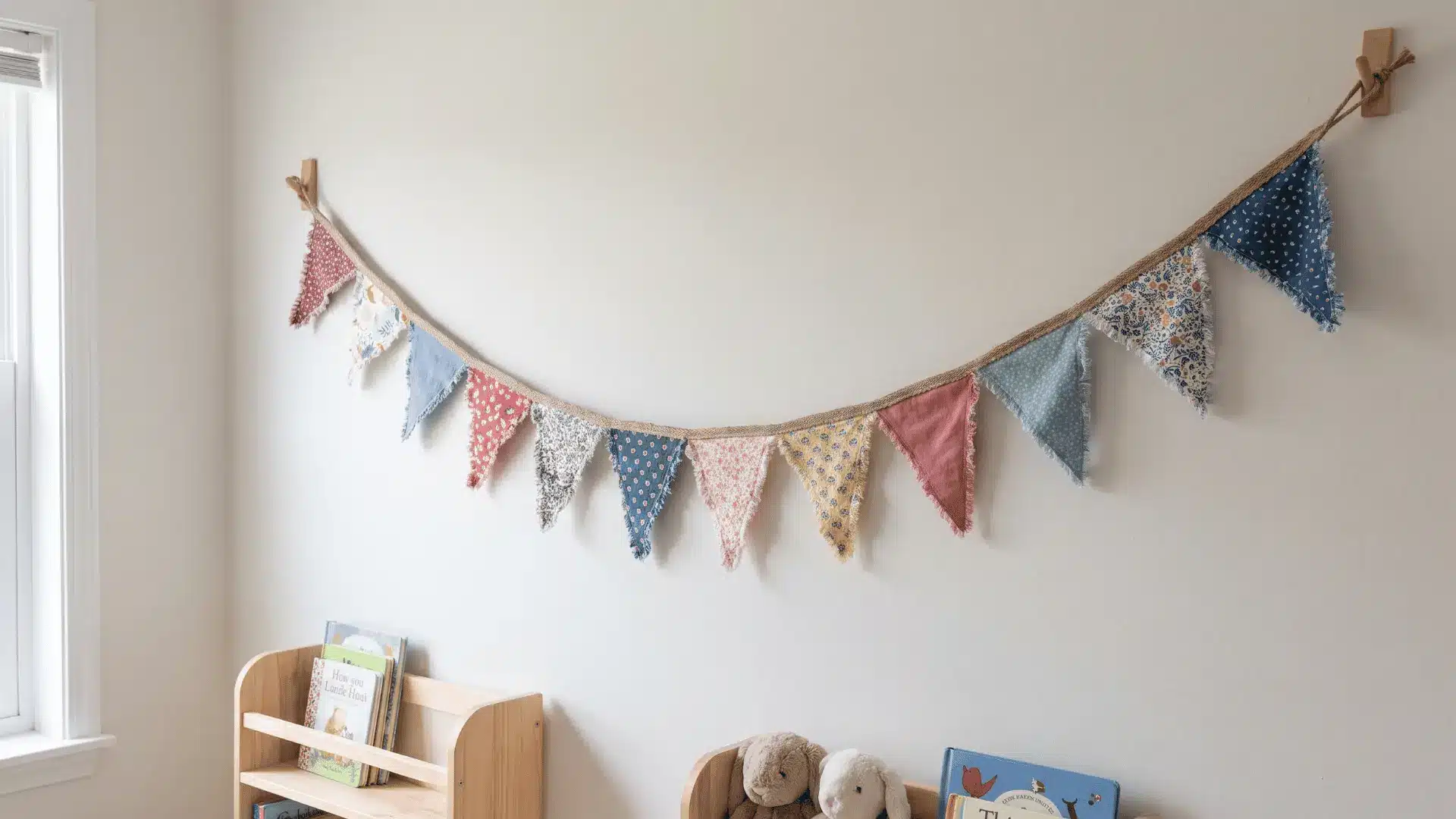 Fabric scrap bunting made from matching shapes and secured high on a playroom wall