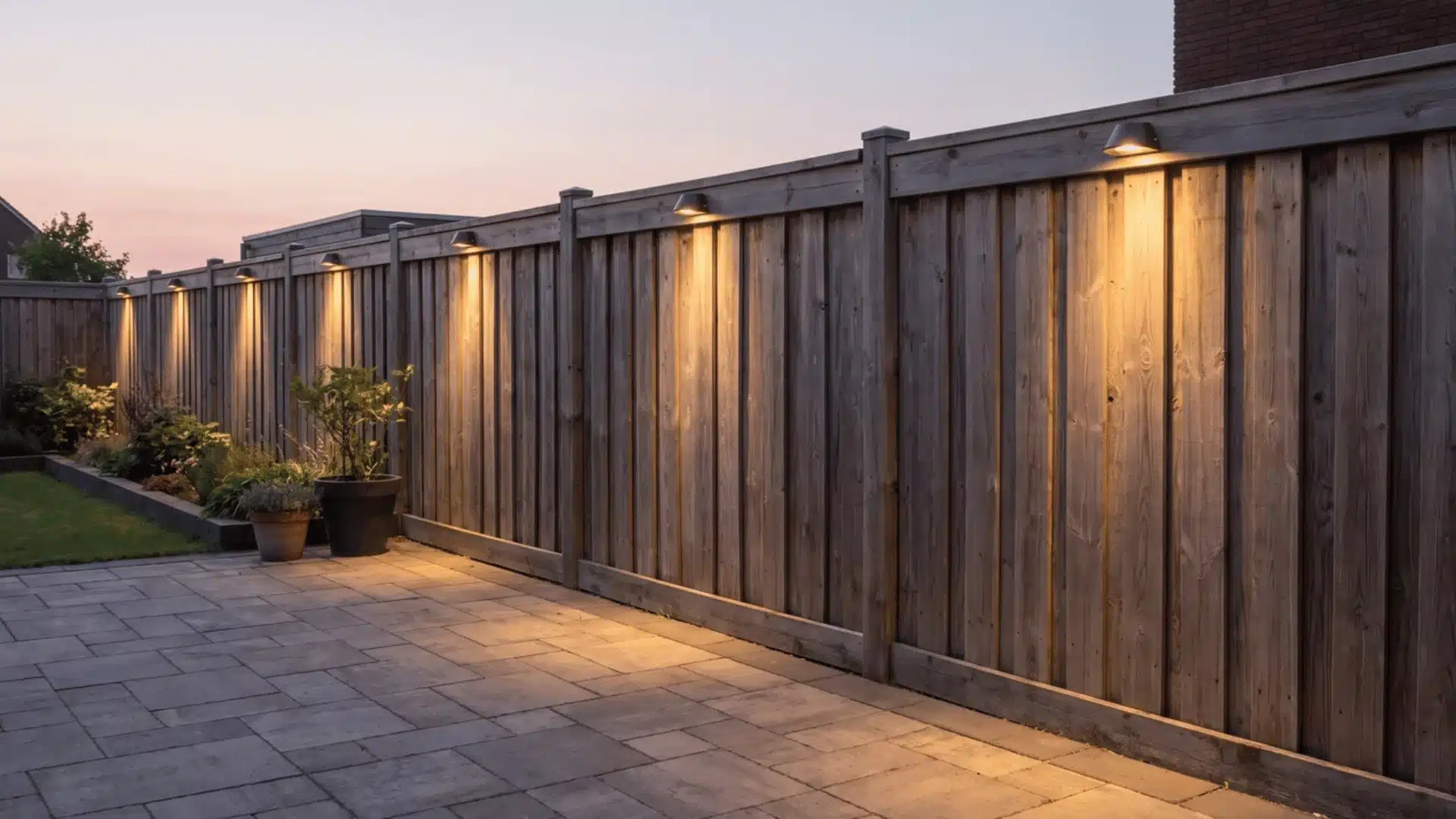 Fence-mounted lights casting downward illumination along a backyard fence