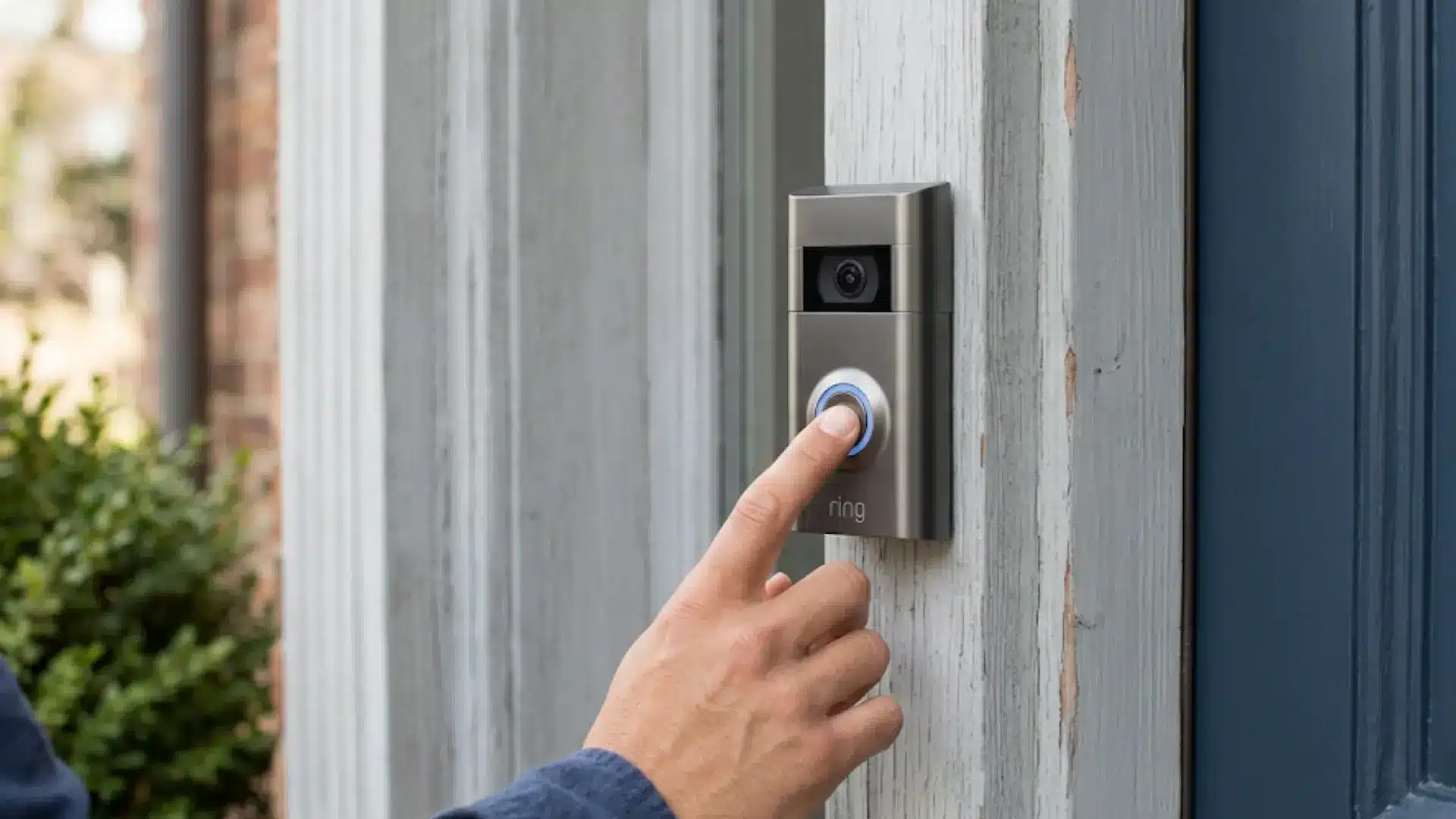 Finger pressing button on a Ring Video Doorbell mounted outside a blue door.