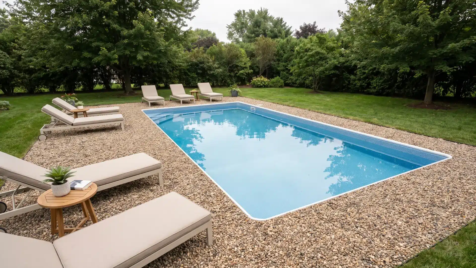 Finished rectangular steel wall inground pool with pea gravel surround and furnished poolside area
