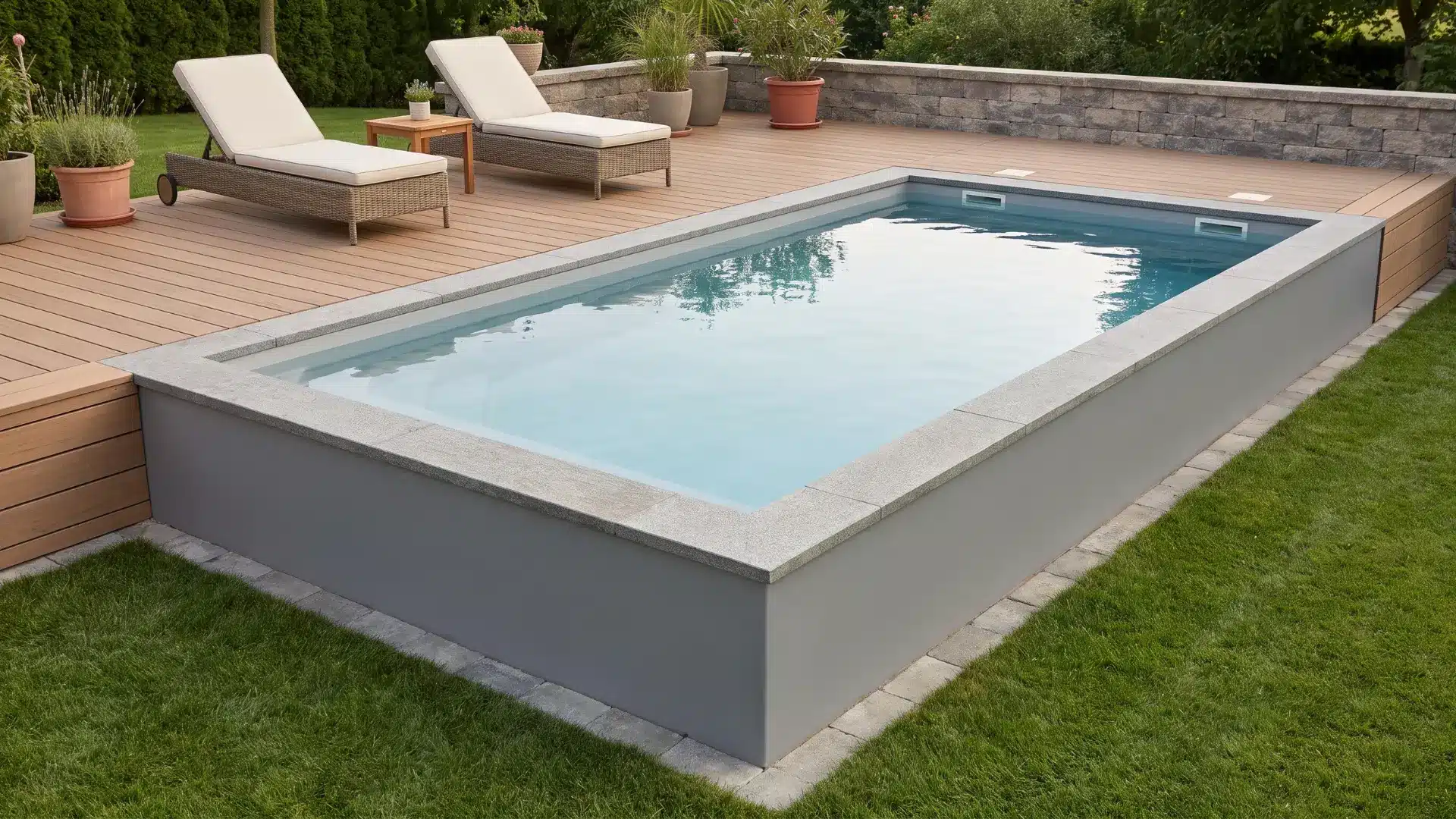 Finished semi-inground frame pool with decking around the raised wall and furnished backyard seating