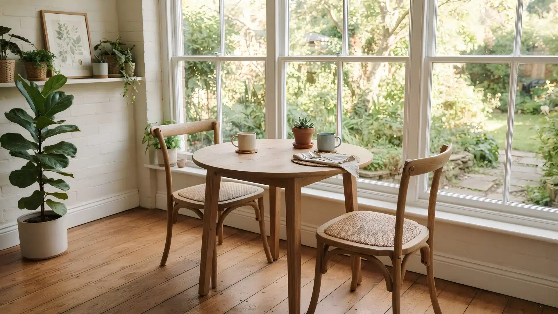 small round dining table and two chairs near a sunroom window