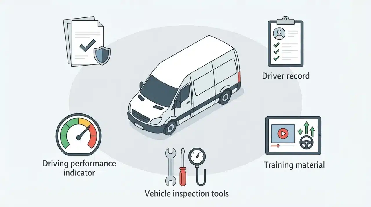 Five fleet safety components arranged around a fleet vehicle