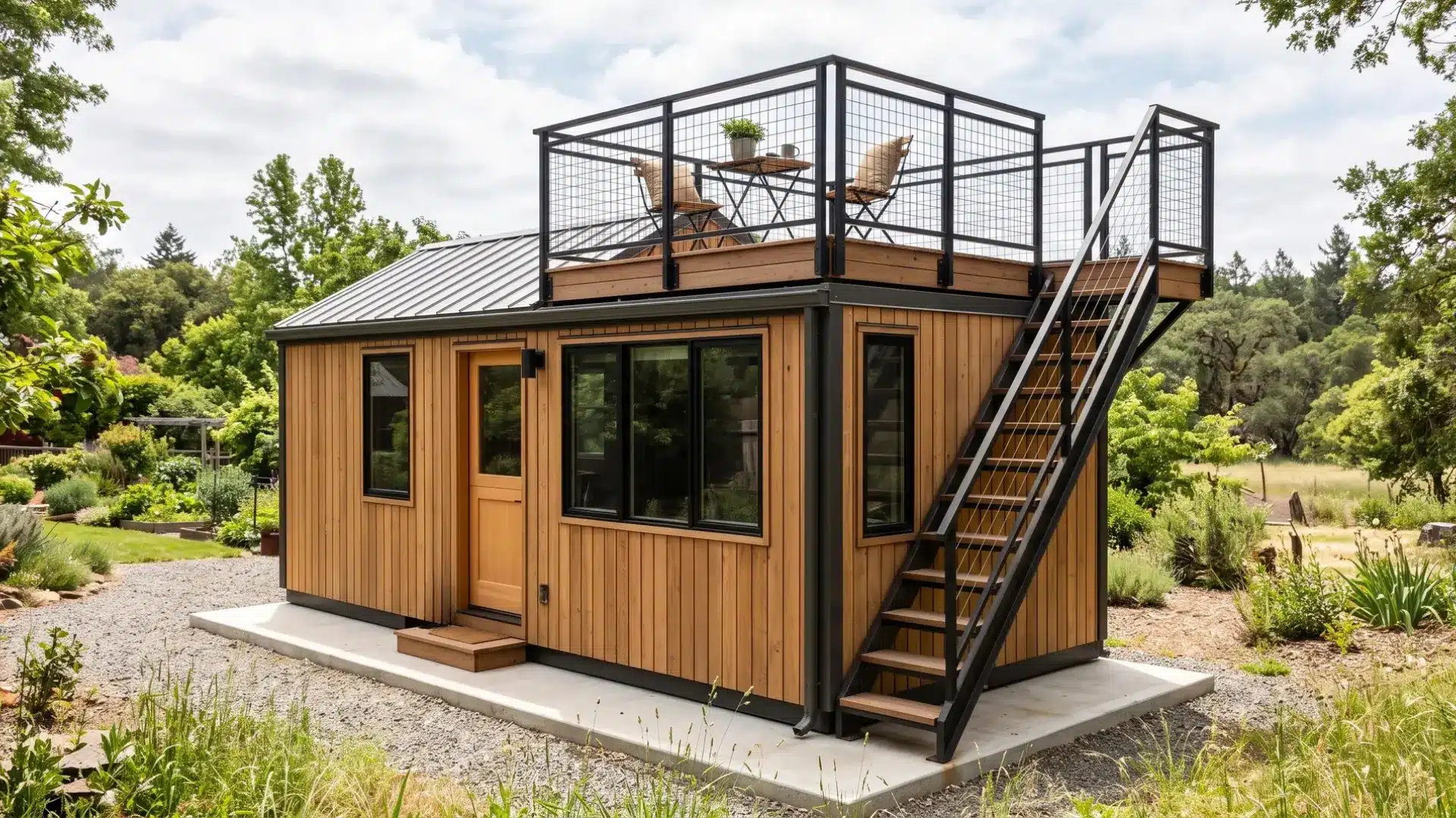 Fixed tiny home with an exterior staircase leading to a rooftop deck with railings, chairs, and a small table