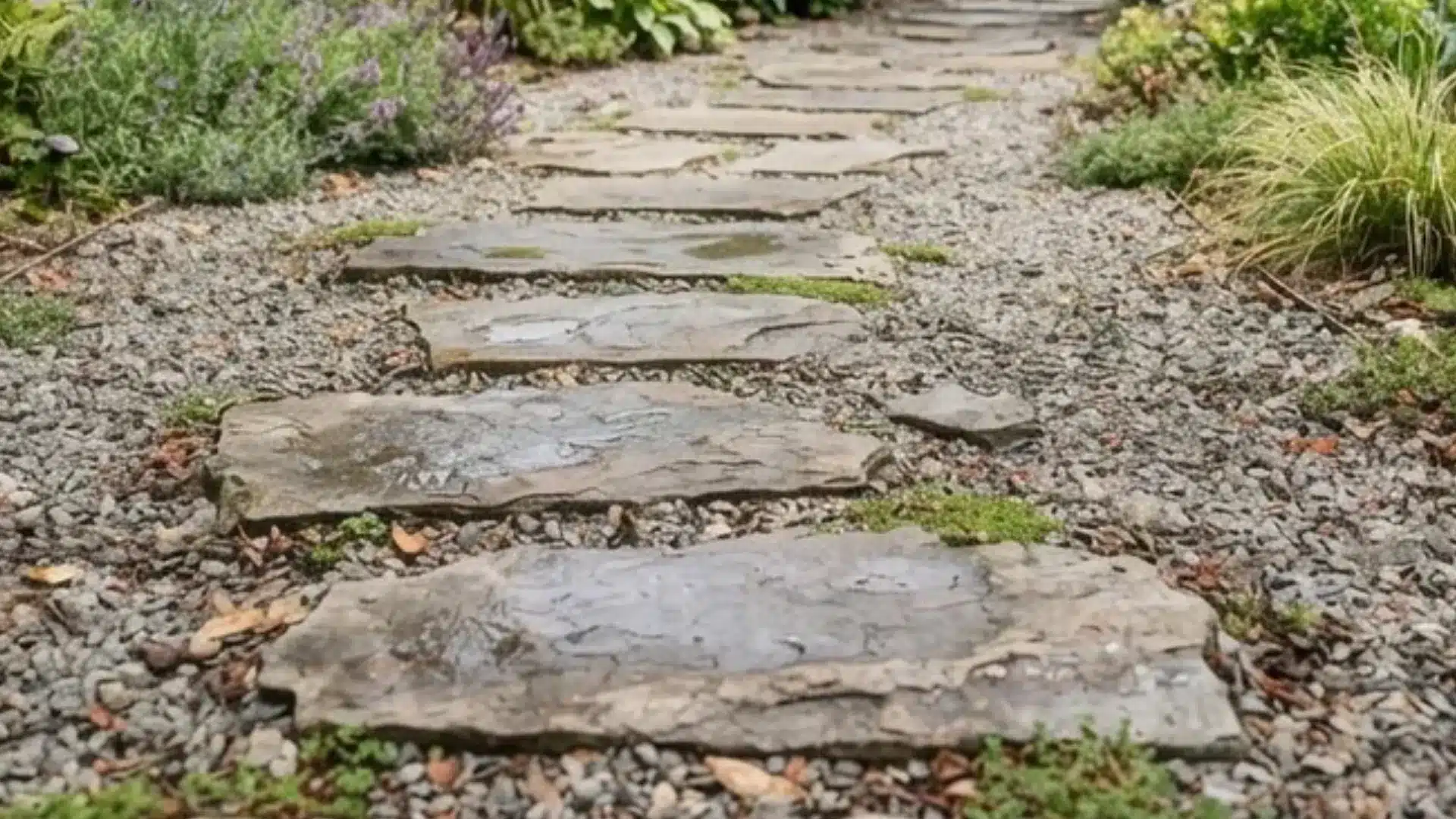 Flat flagstone stepping path laid through a gravel rock garden bed in a backyard