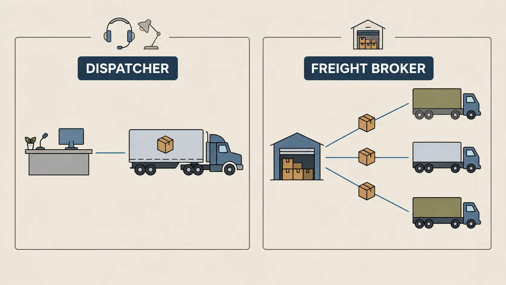 Flat illustration comparing dispatcher and freight broker transport roles