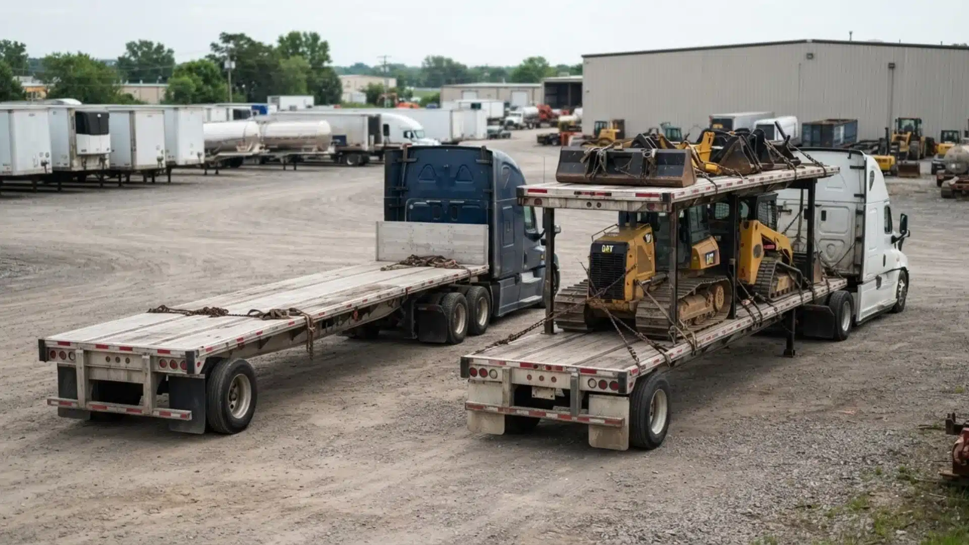 Flatbed trailers loaded with construction machinery parked outdoors on a dirt gravel lot