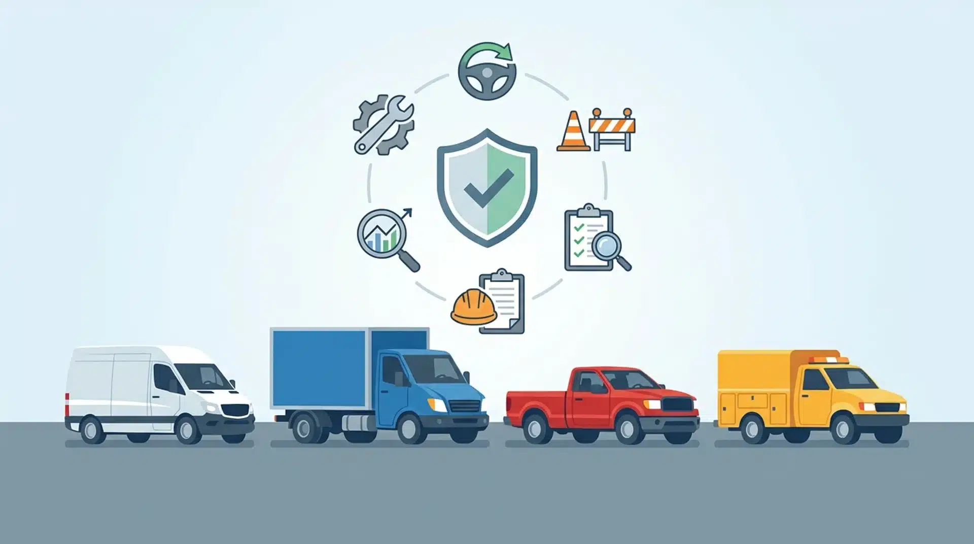 2D illustration of company vehicles protected by a fleet safety program with inspection and maintenance symbols.
