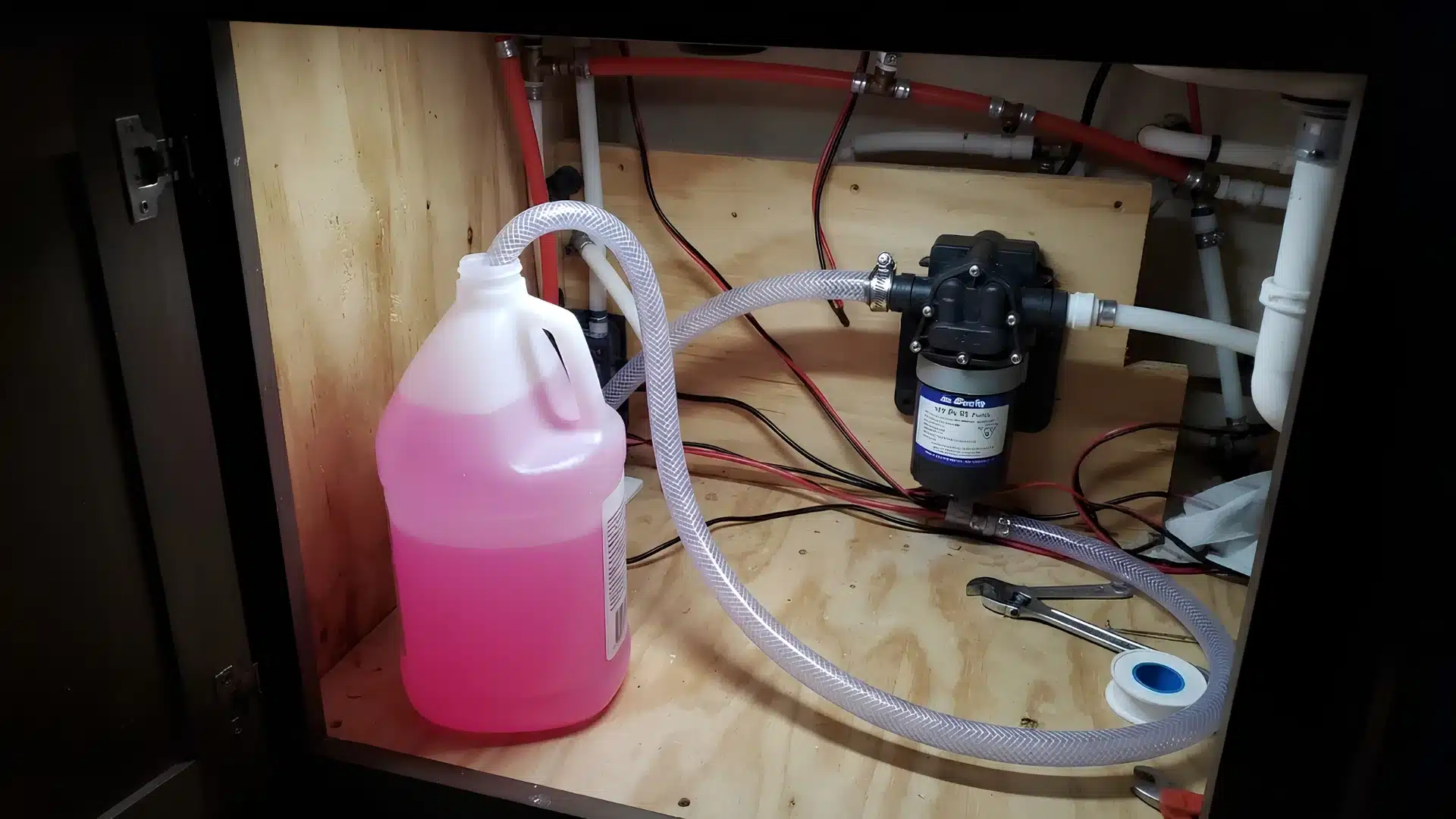 Flexible clear tube pumping pink antifreeze directly from a jug into an RV water pump.