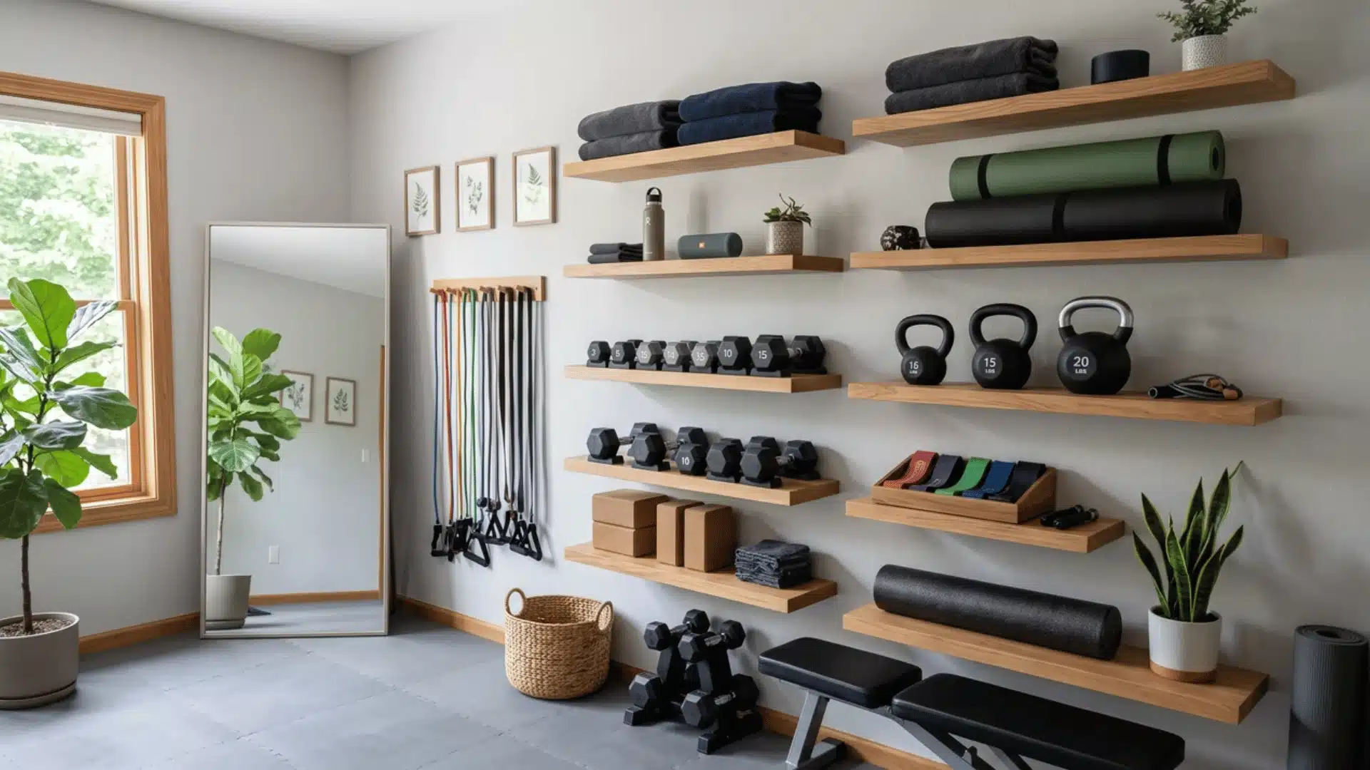 Floating shelves holding gym equipment and storage items on a home gym wall