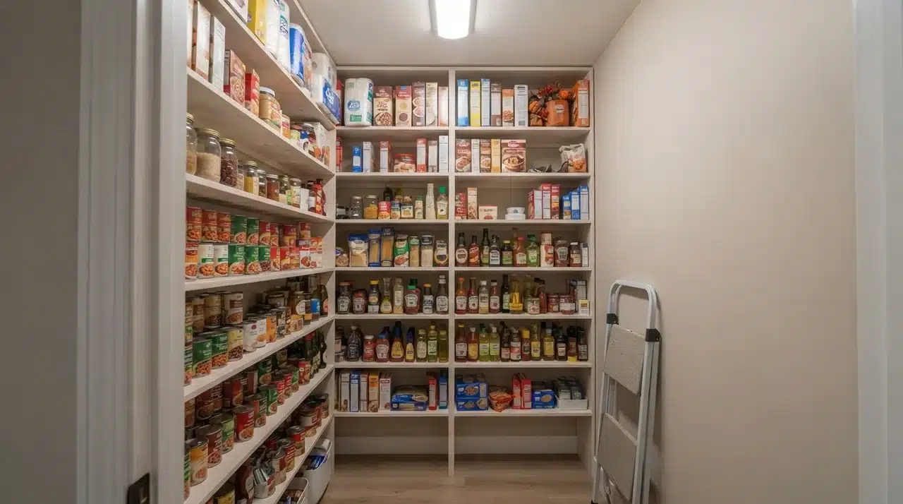 Floor-to-ceiling pantry shelves with everyday items at mid height, lightweight boxes on top shelf, folding stool in side gap